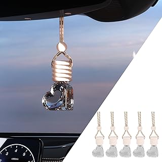 5PCS Hanging Car Air Freshener, Auto Interior Decoration 8 ml Oil Diffuser Perfume Aromatherapy Pendant Empty Glass Bottle, Fragrance Ornament with Vent Clip Wooden Cap and Rope (Heart)