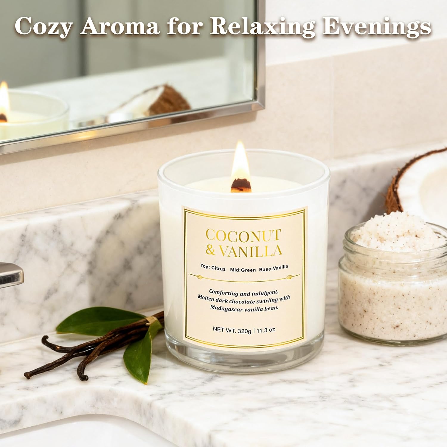 2 Pack Wood Wick Coconut & Vanilla Candle Gift Set – Long Lasting Soy Wax Candles with Gift Boxes, Holiday Aromatherapy Candles for Home Decor & Holiday Gifts