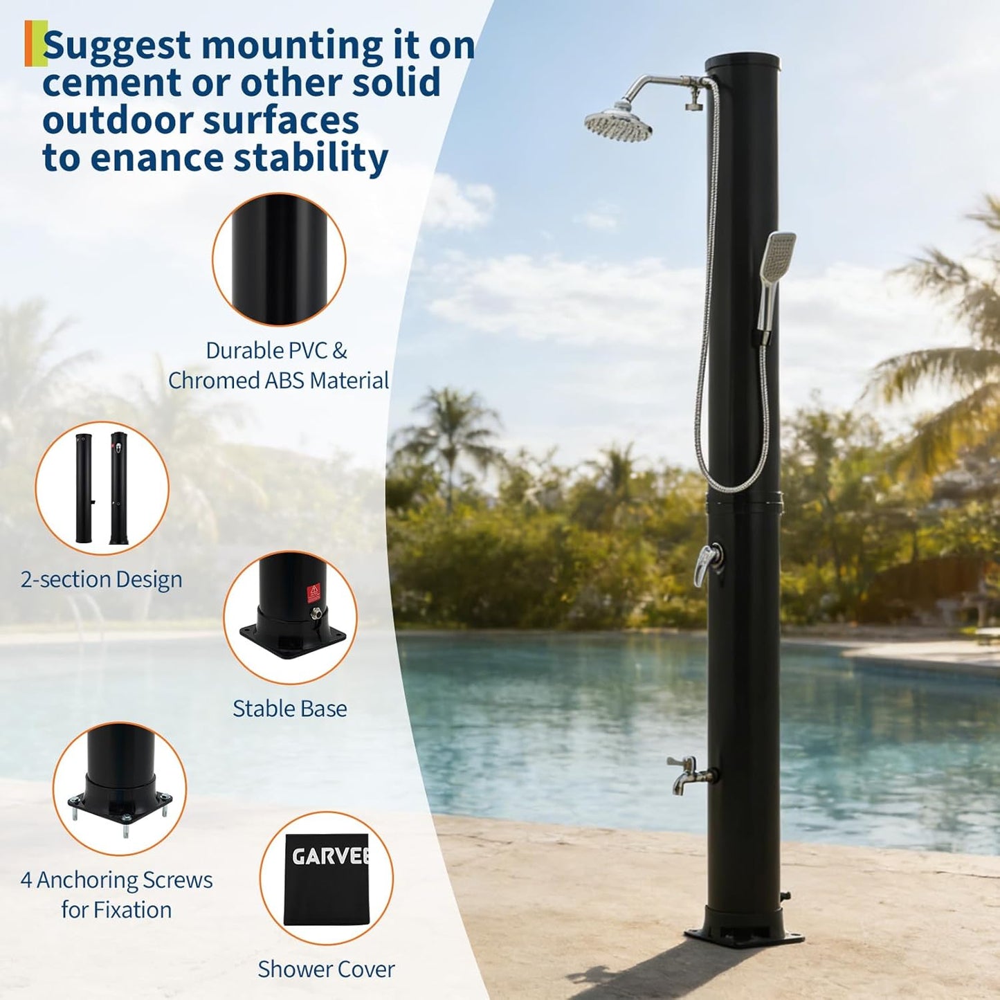 GarveeLife 10 Gallon Solar Heated Outdoor Shower, 2-Section Freestanding Pool Shower with Shower Head & Foot Tap & Handheld Sprayer, Hot & Cold Water Adjustment, Spa Shower with Protective Cover