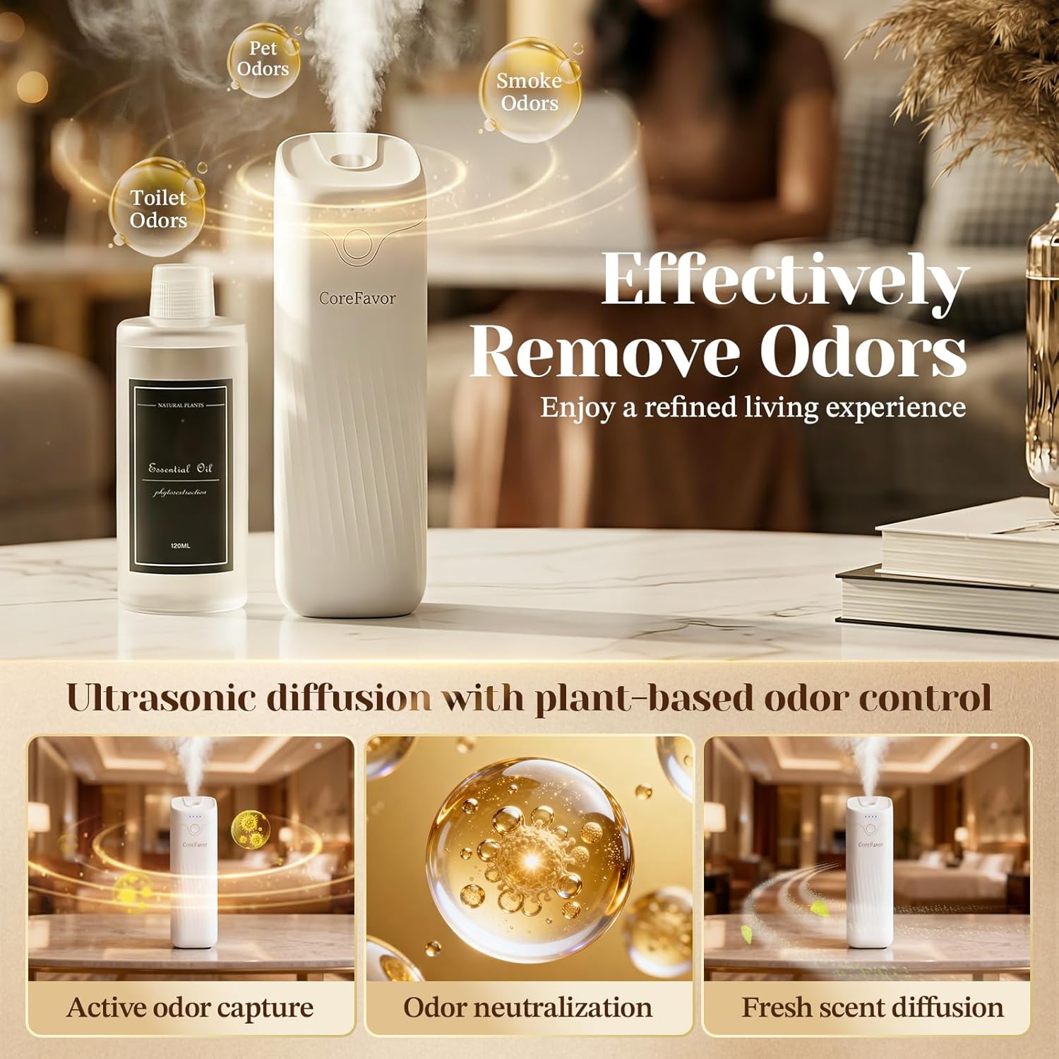 Waterless Essential Oil Diffuser (M60) with 120ml Oil, Rechargeable Portable Battery-Operated Cold Air Aroma Scent, 4 Adjustable Intensity Levels, Quiet Diffuser for Home Bedroom (Luxury)