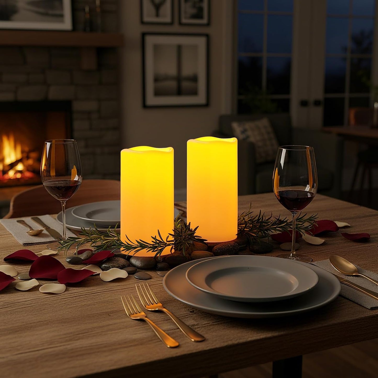 Amagic 2 Pack 8" x 4" Outdoor Plastic Electric flameless Candles with Remote Control and Timer, Battery Operated Flickering LED Pillar Fake Candle for Home, Wedding Decor, Ivory