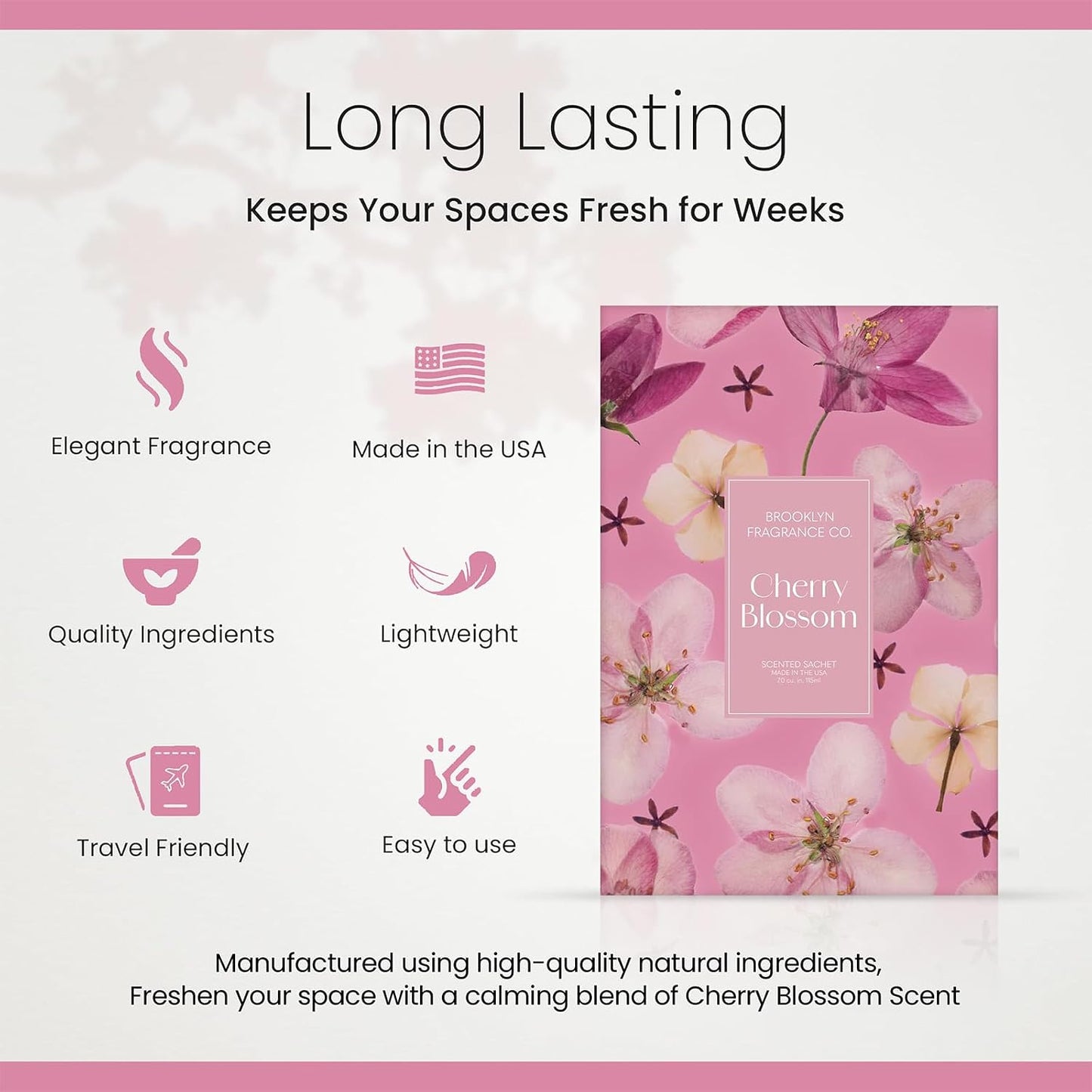 Brooklyn Fragrance Co. Spring Florals Sachet Bags – Cherry Blossom Scented Pouches – Perfect Aroma for Drawers, Closets, Cars and Bathrooms – Long-Lasting Fresh Scent Sachets (6- Pack)