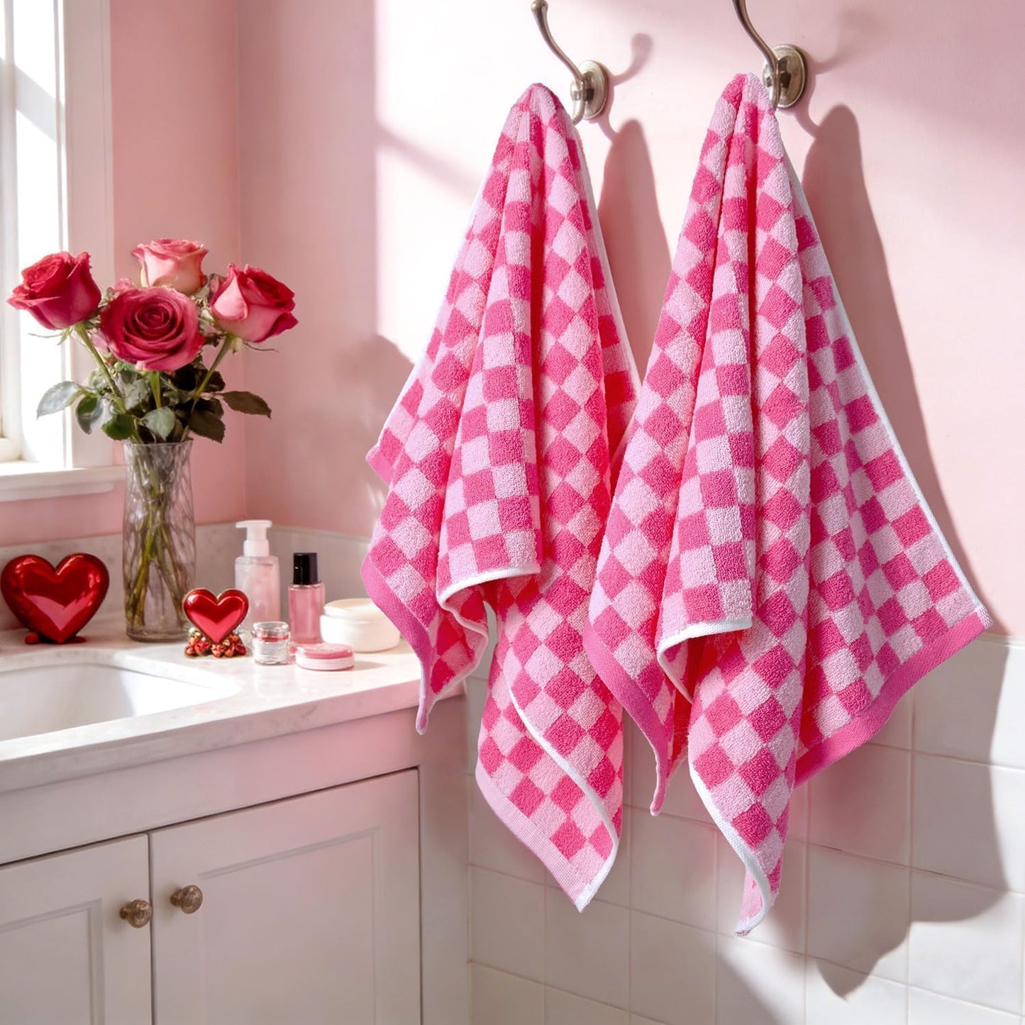 Jacquotha Pink Hand Towels 4 Pack, Cotton Decorative Bathroom Hand Towel & Checkered Kitchen Decor, 13" x 29"