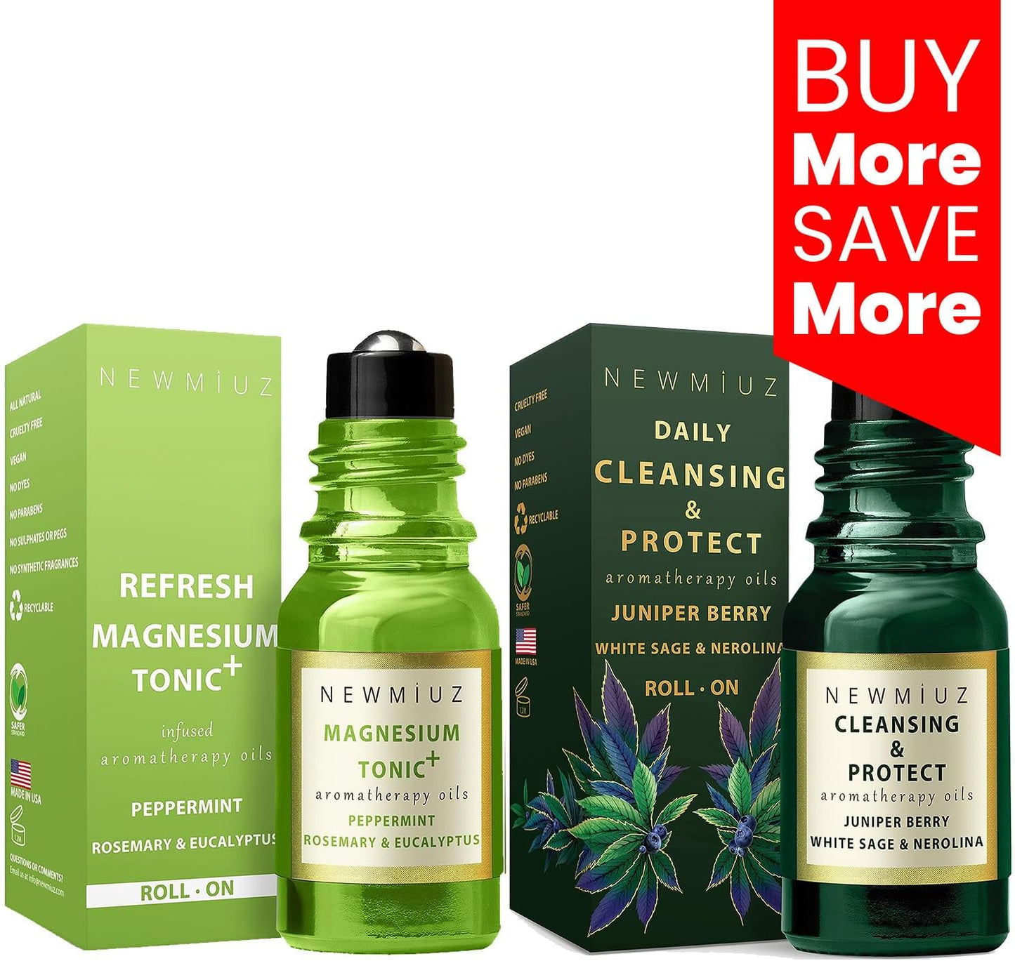Headache Roll On Stick Peppermint Rosemary and Eucalyptus & Cleansing and Protect Juniper Berry White Sage with Nerolina Pack of 2