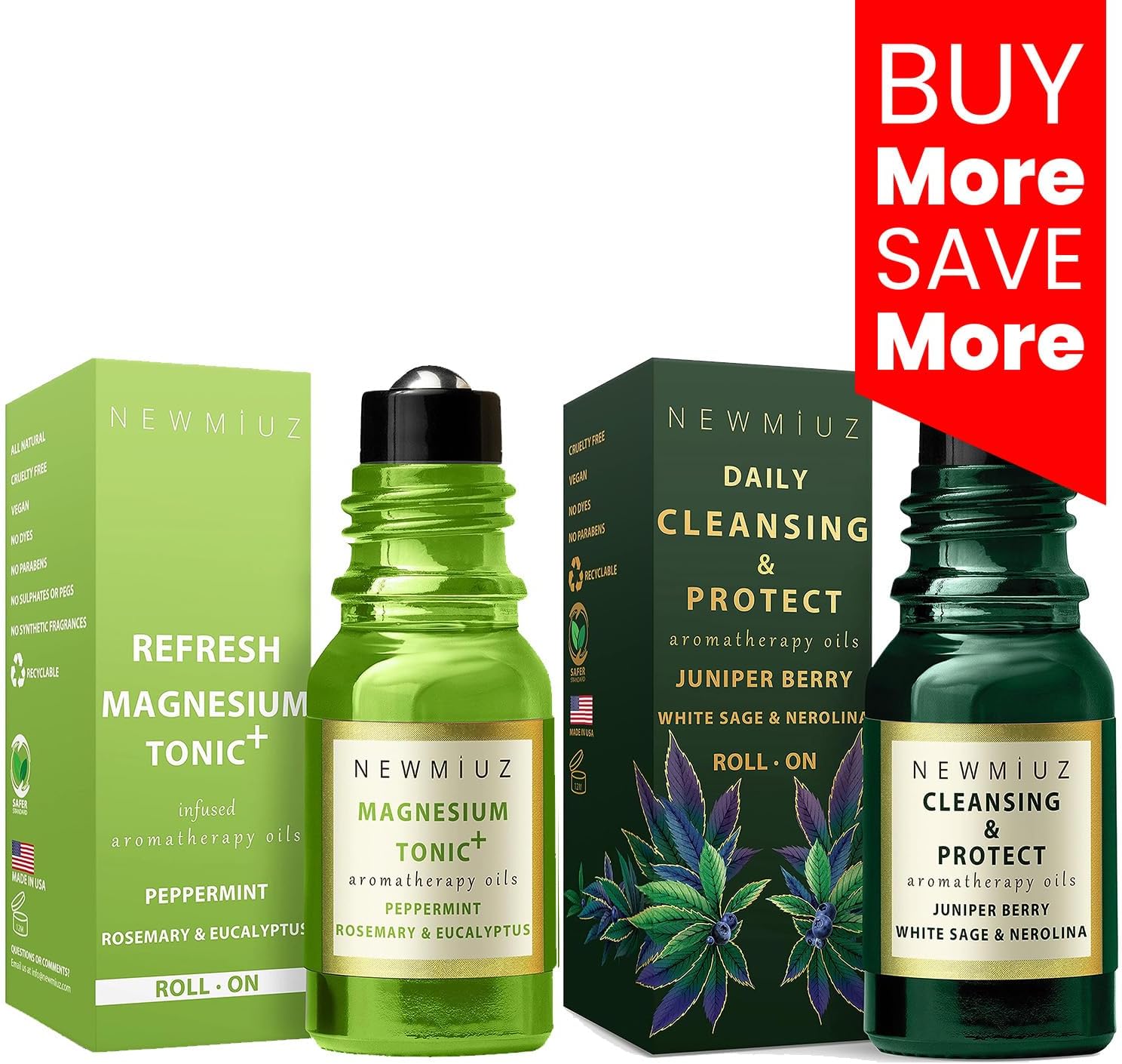 Headache Roll On Stick Peppermint Rosemary and Eucalyptus & Cleansing and Protect Juniper Berry White Sage with Nerolina Pack of 2