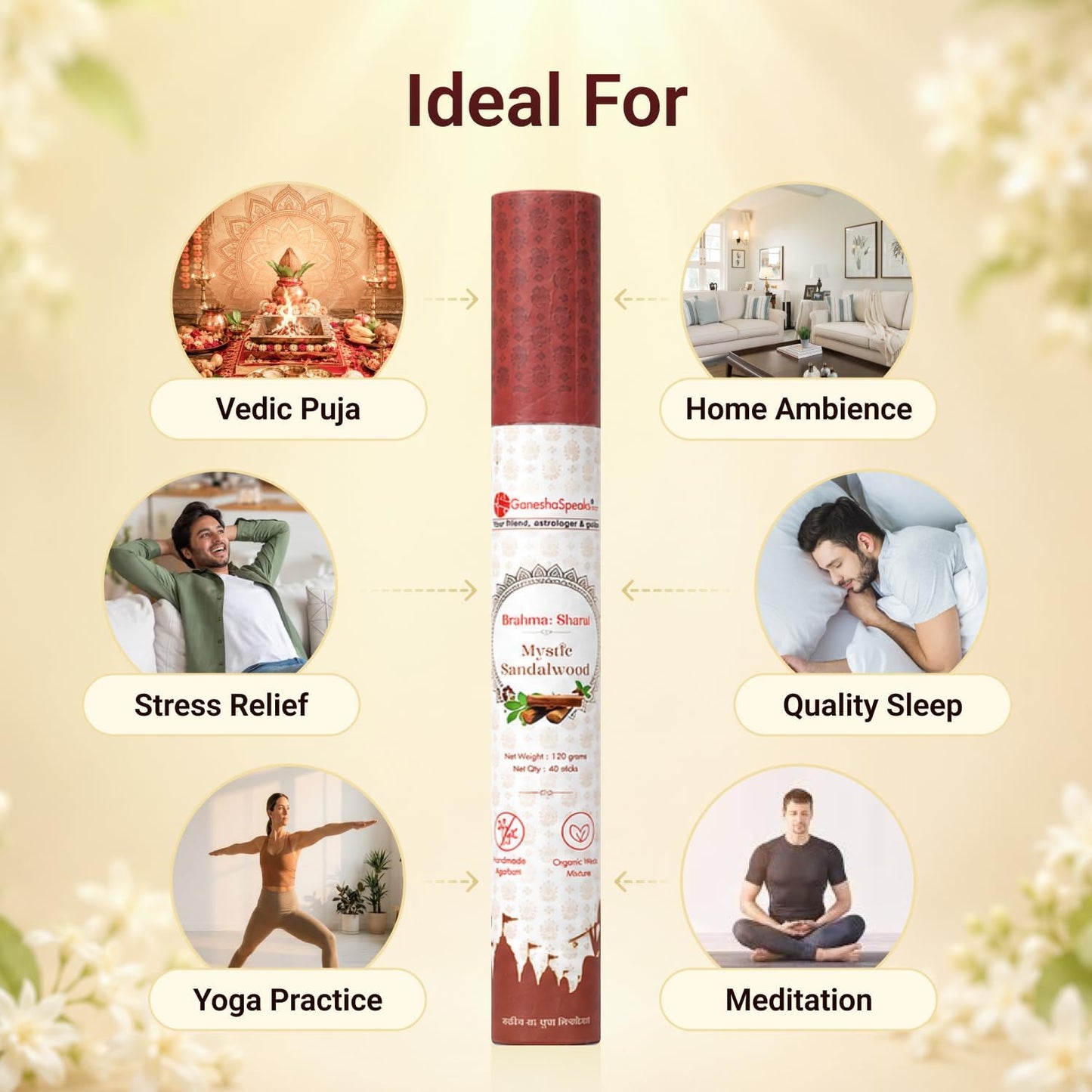 GaneshaSpeaks Premium Bambooless Incense Sticks with Sandalwood Fragrance 40 Pieces Handcrafted by Skilled Artisans Eco-Friendly Agarbatti Free Ceramic Stand