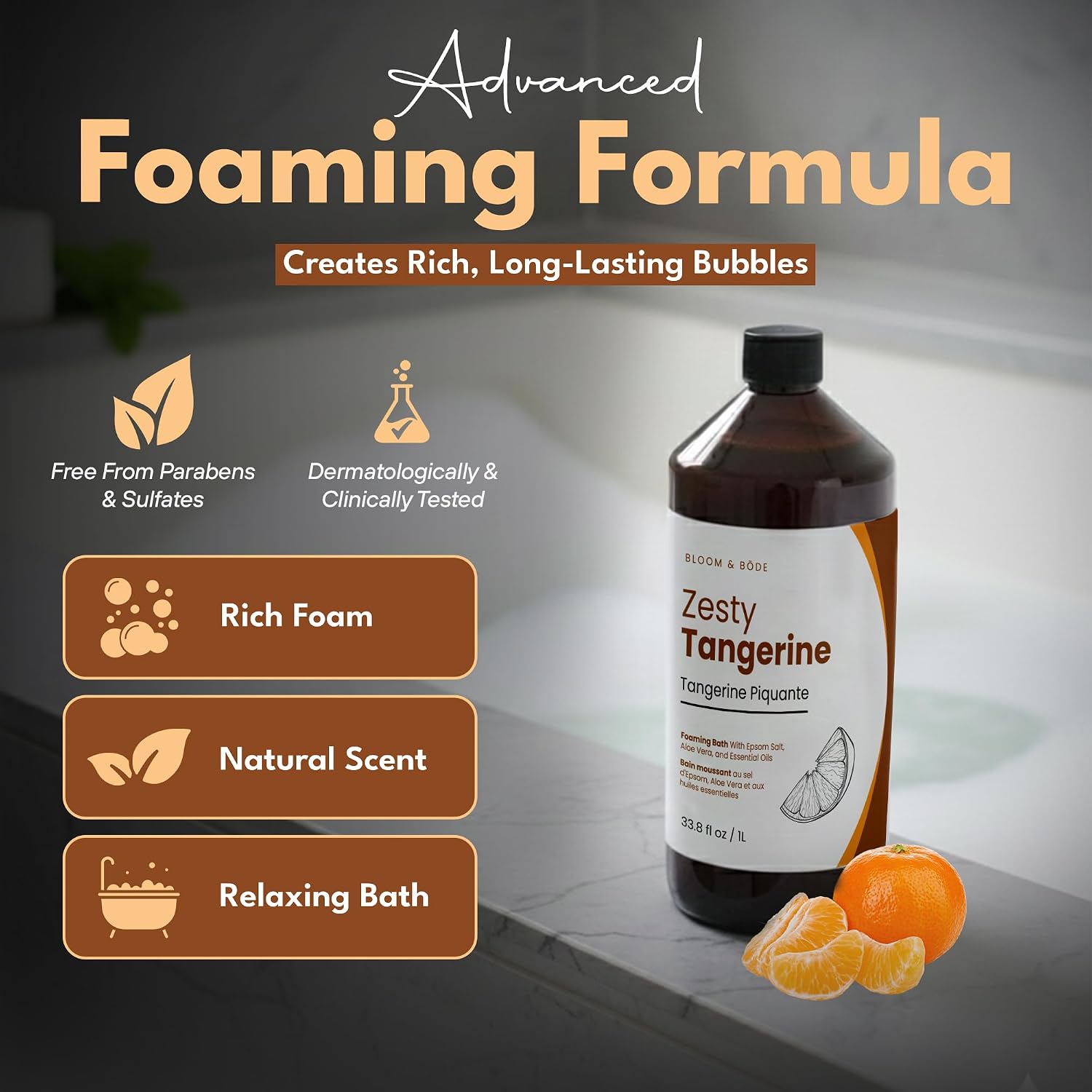 Luxury Foaming Bath - Natural Scented Bubble Bath with Essential Oils and Epsom Salt - Zesty Tangerine Scent, 33.8 fl oz / 1L