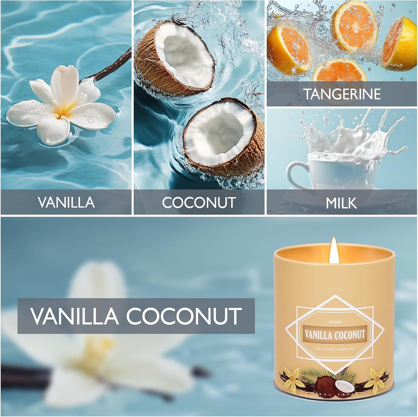 Vanilla Coconut Candle, Candles for Home Scented, 9 oz Soy Wax Candle Gift for Women Men, Aromatherapy Tin Jar Candle