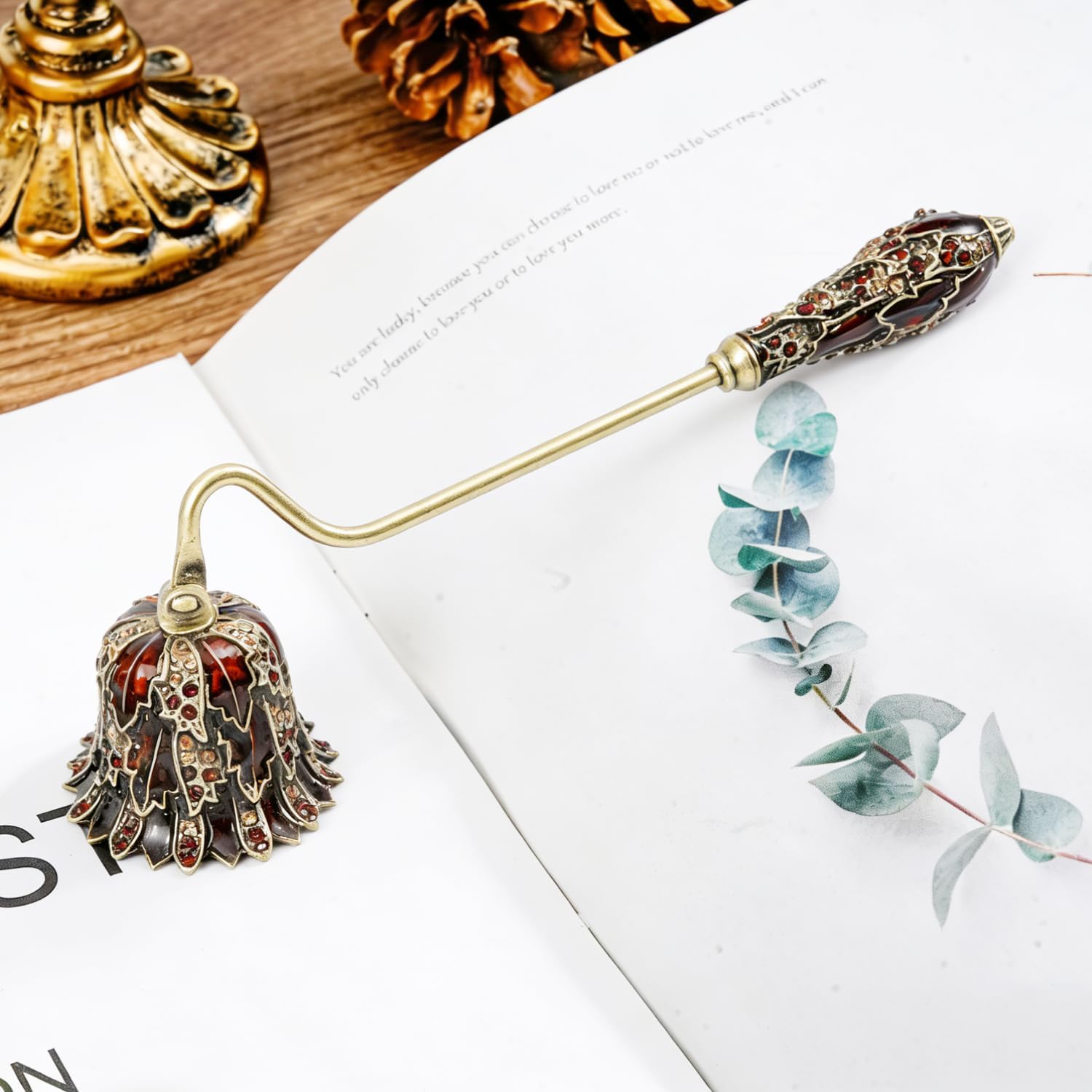 Gold and White Decorative Candle Snuffer with Bell Design and Rhinestone Accents (Burgundy with Gold)