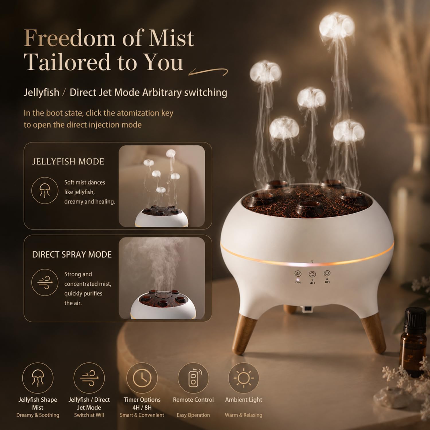 Dynamic Aromatherapy Diffuser – 250ml Essential Oil Cool Mist Humidifier with Jellyfish Mist & Color-Changing LED Lights for Relaxing Home, Bedroom & Office Atmosphere (Black)