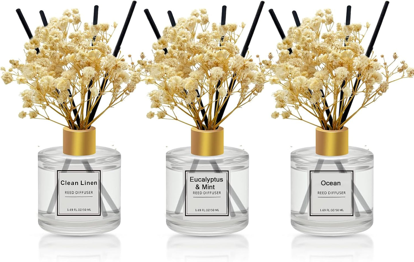 Reed Diffuser Set of 3 Pack,Scented Oil Diffuser with 4 Sticks,Reed Diffusers for Home,Living Room,Bathroom Air Freshener Diffuser,50ml x 3 (Clean Linen/Eucalyptus & Mint/Ocean)
