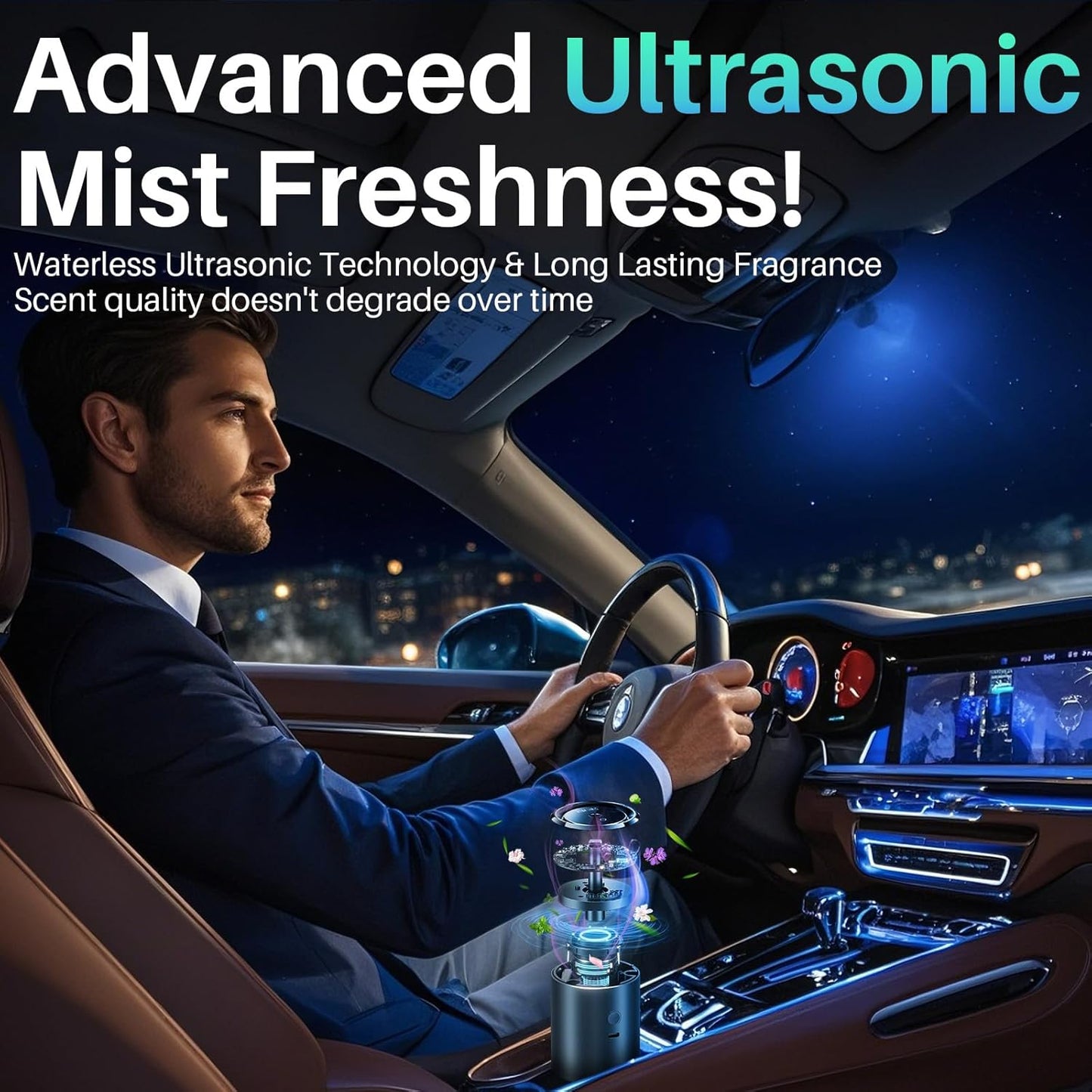 Smart Car Air Freshener, Car Air Freshener Diffuser with 100ml Perfume, Long Lasting Lasts 6 Months, RGB Music Syncing Light, Auto On/Off, 5 Adjustable Rechargeable Aroma Diffuser, Cologne