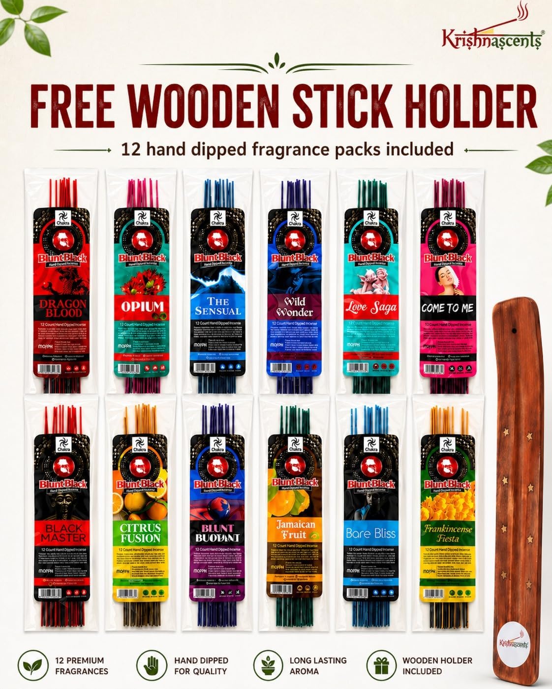 Blunt Black Hand-Dipped Incense Sticks | Premium 12 Assorted Packs - 144 Sticks, 11" Long | Aromatherapy with Long Burn Time | Free Wooden Stick Holder (Scents May Vary)