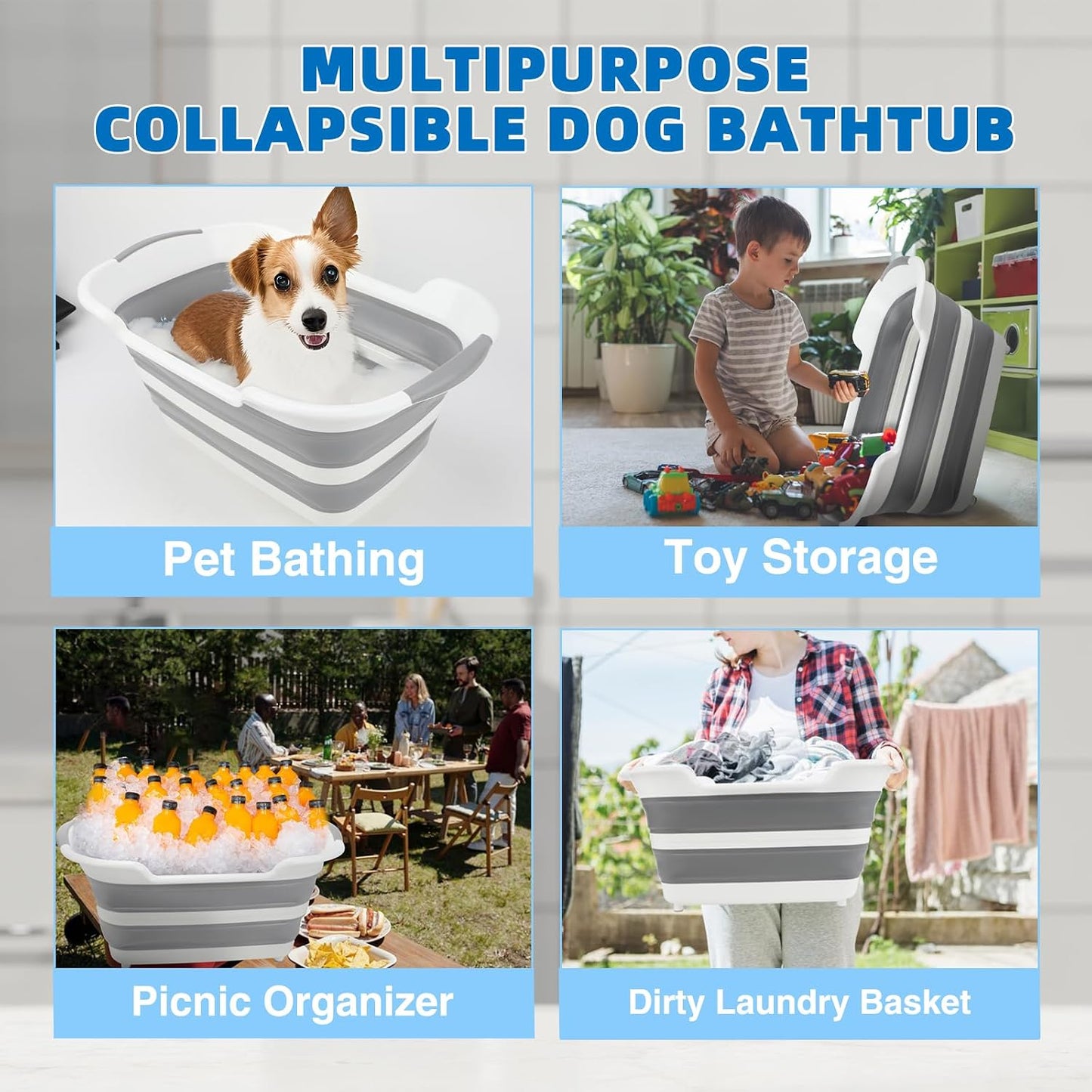 7.1 Gal/27L Multipurpose Collapsible Dog Bathtub, Raised Small Pet Bathtub with Drainage Hole and Pet Hair Collector, Portable Dog Bath Tub for Puppy Cats Space Saving Laundry Basket Organizer