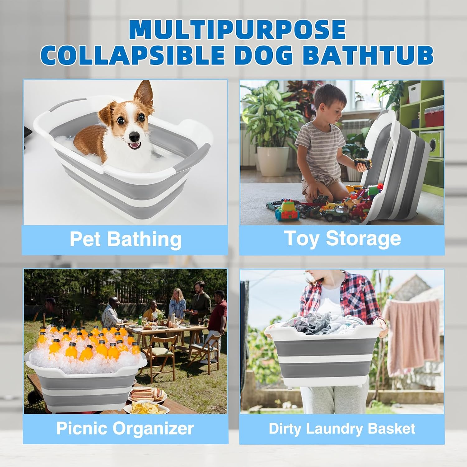 7.1 Gal/27L Multipurpose Collapsible Dog Bathtub, Raised Small Pet Bathtub with Drainage Hole and Pet Hair Collector, Portable Dog Bath Tub for Puppy Cats Space Saving Laundry Basket Organizer