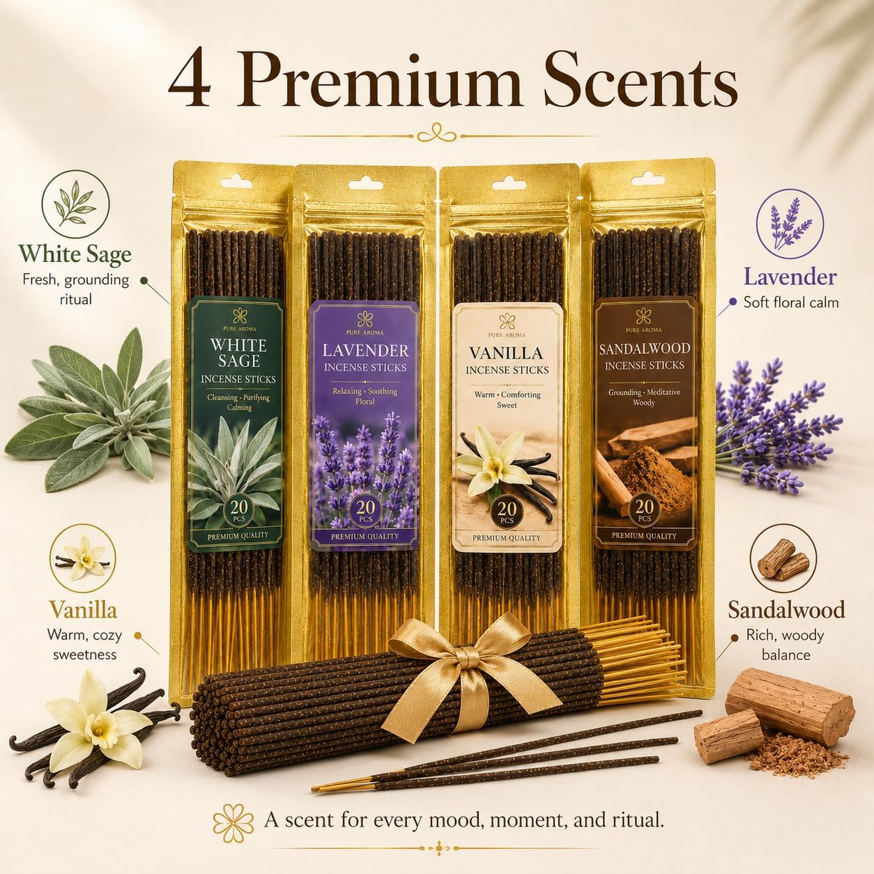 RAINFLOW White Sage Incense Sticks - 80 PCS Sandalwood Incense Sticks Natural,Lavender Vanilla Stick,4 Scents Without Incense Holder,Meditation Spiritual Cleansing Gift Set Indian Scented Style