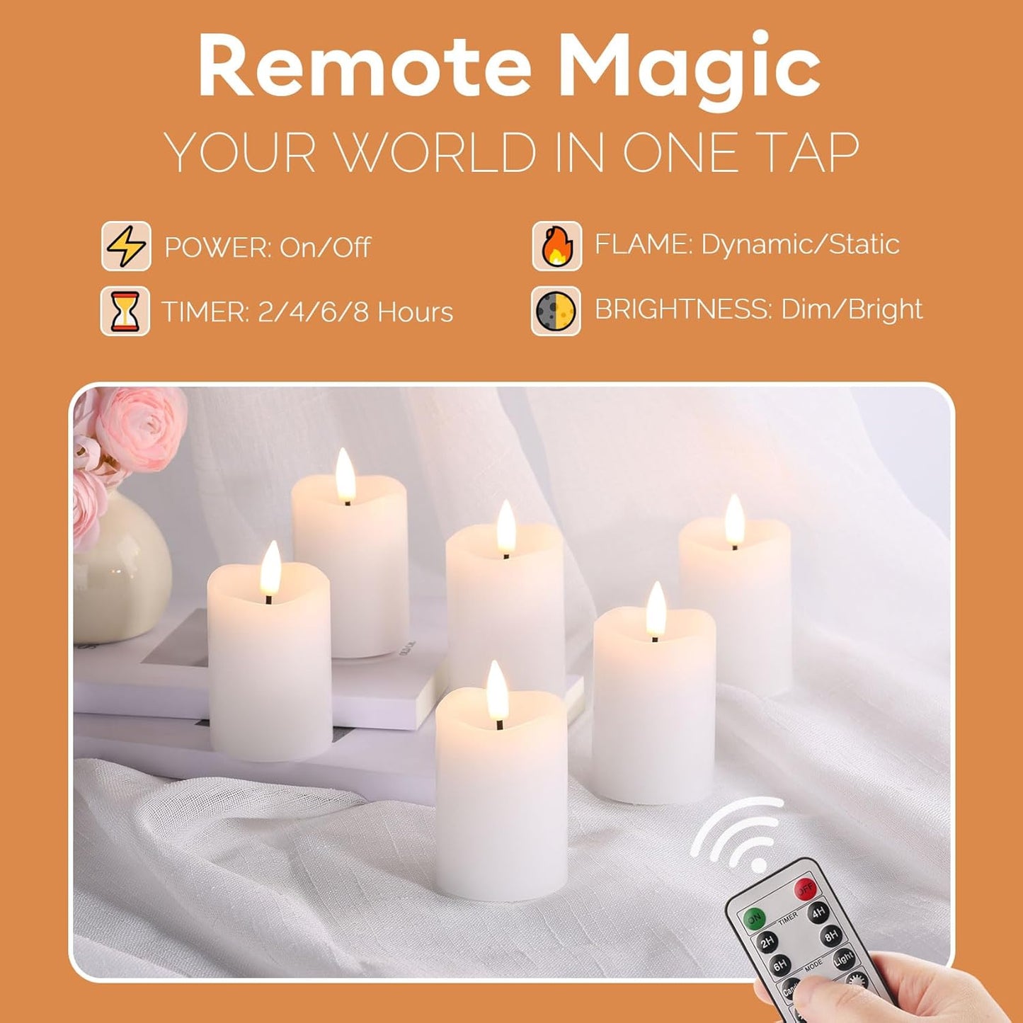 Eywamage White Flameless Votive Candles with Remote Batteries, 2x3 inch Flickering Small LED Wax Pillar Candles 6 Pack