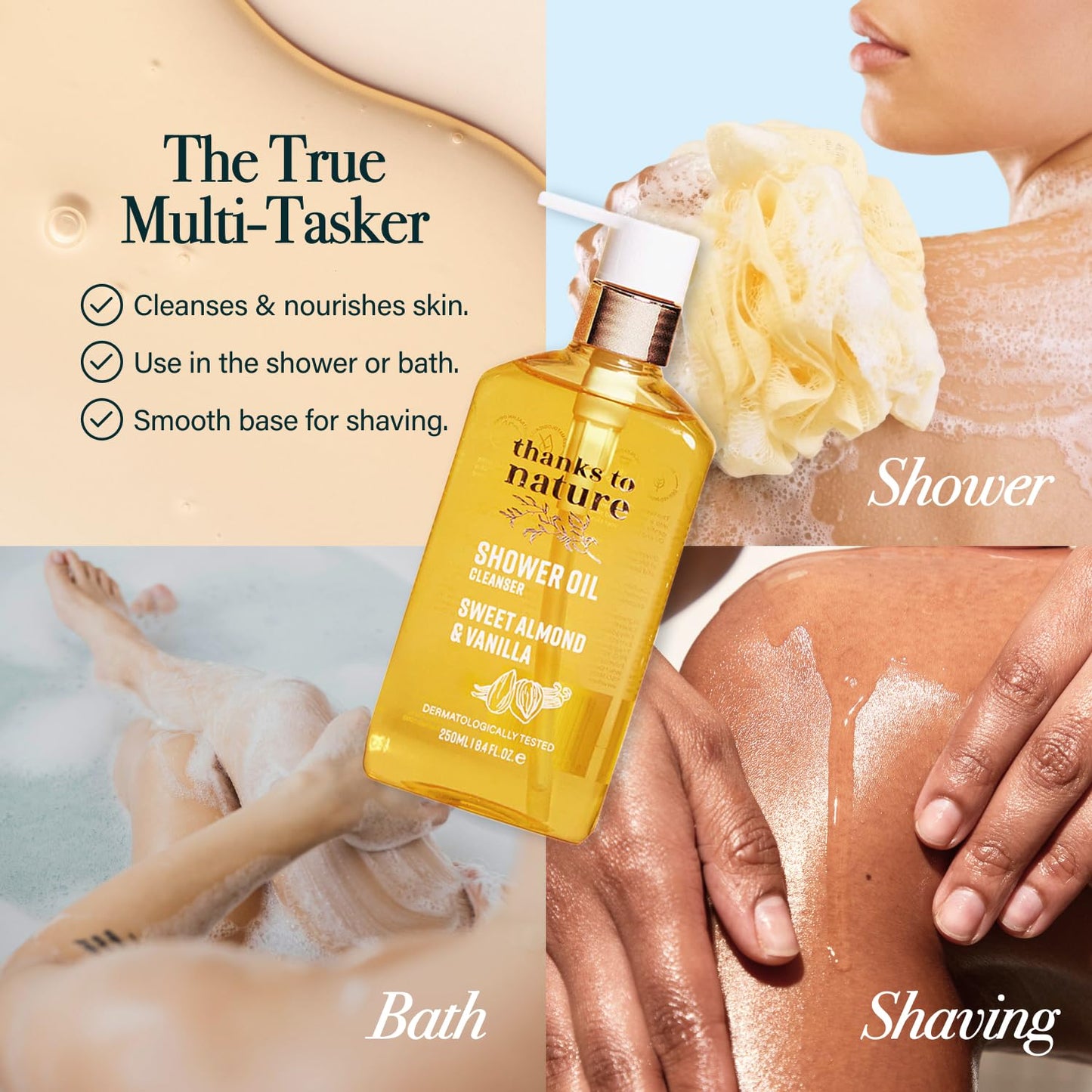 Shower Oil for Women with Sweet Almond and Vanilla, Luxe Oil Body Wash That Softens Skin, Cleansing Oil for Normal to Dry Skin, 8.45 fl oz