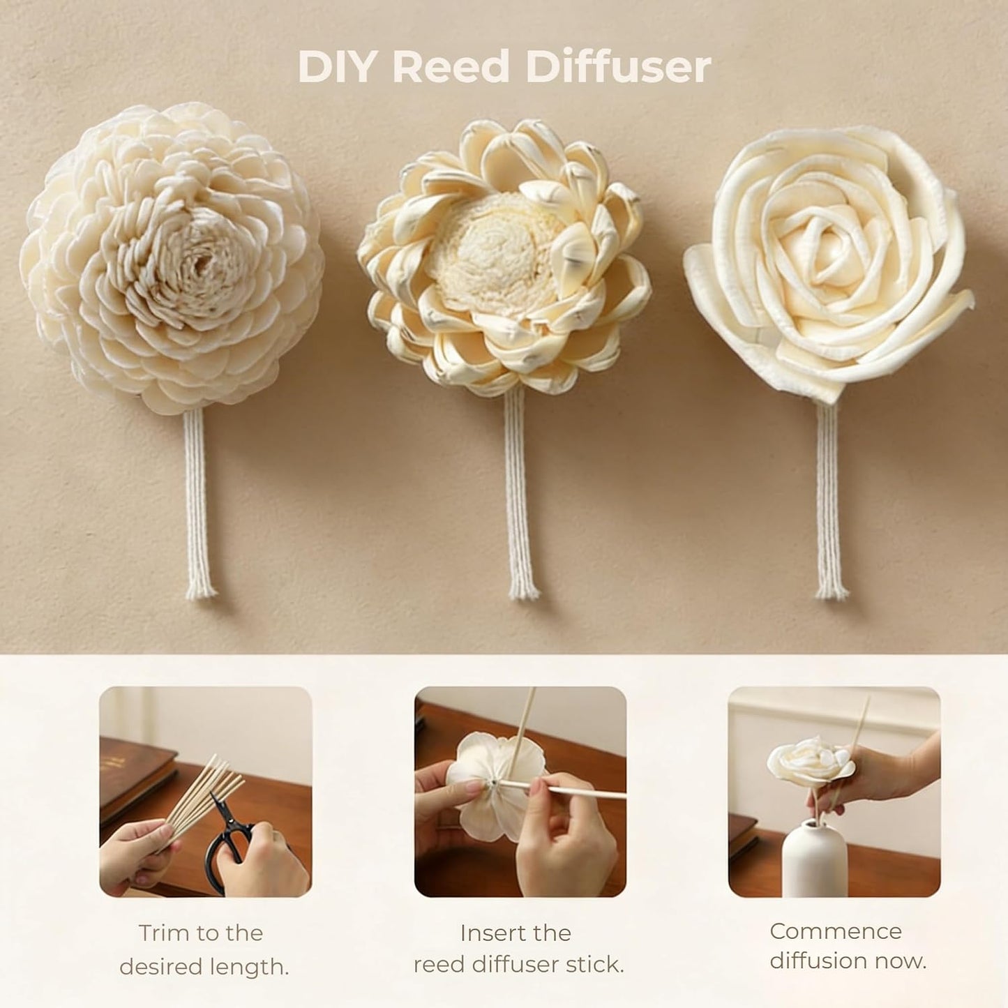 Sola Wood Flowers, Reed Diffuser Sticks,White, 2-3.5" | Sola Wood Flowers & Rattan Diffuser Sticks,7pcs Sola Flowers, 10pcs Diffuser Rattan, Home Bathroom Aromatherapy Decor