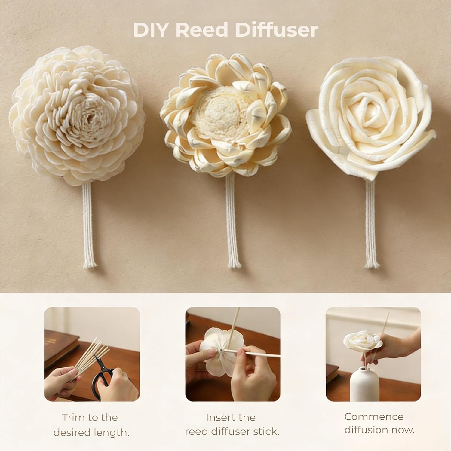 Sola Wood Flowers, Reed Diffuser Sticks,White, 2-3.5" | Sola Wood Flowers & Rattan Diffuser Sticks,7pcs Sola Flowers, 10pcs Diffuser Rattan, Home Bathroom Aromatherapy Decor