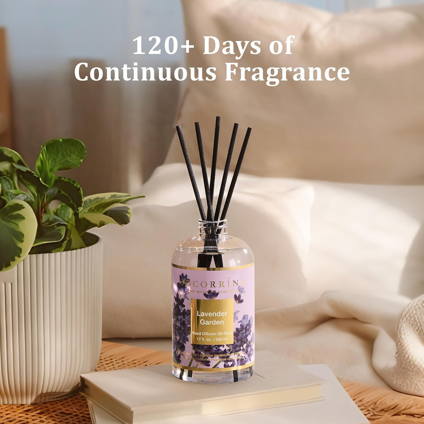 Cocorrína Reed Diffuser Refill Lavender Garden 17oz (500ml) with 8 Rattan Sticks - Premium Long-Lasting Scented Oil, Home Fragrance for Bedroom, Bathroom Home Decor