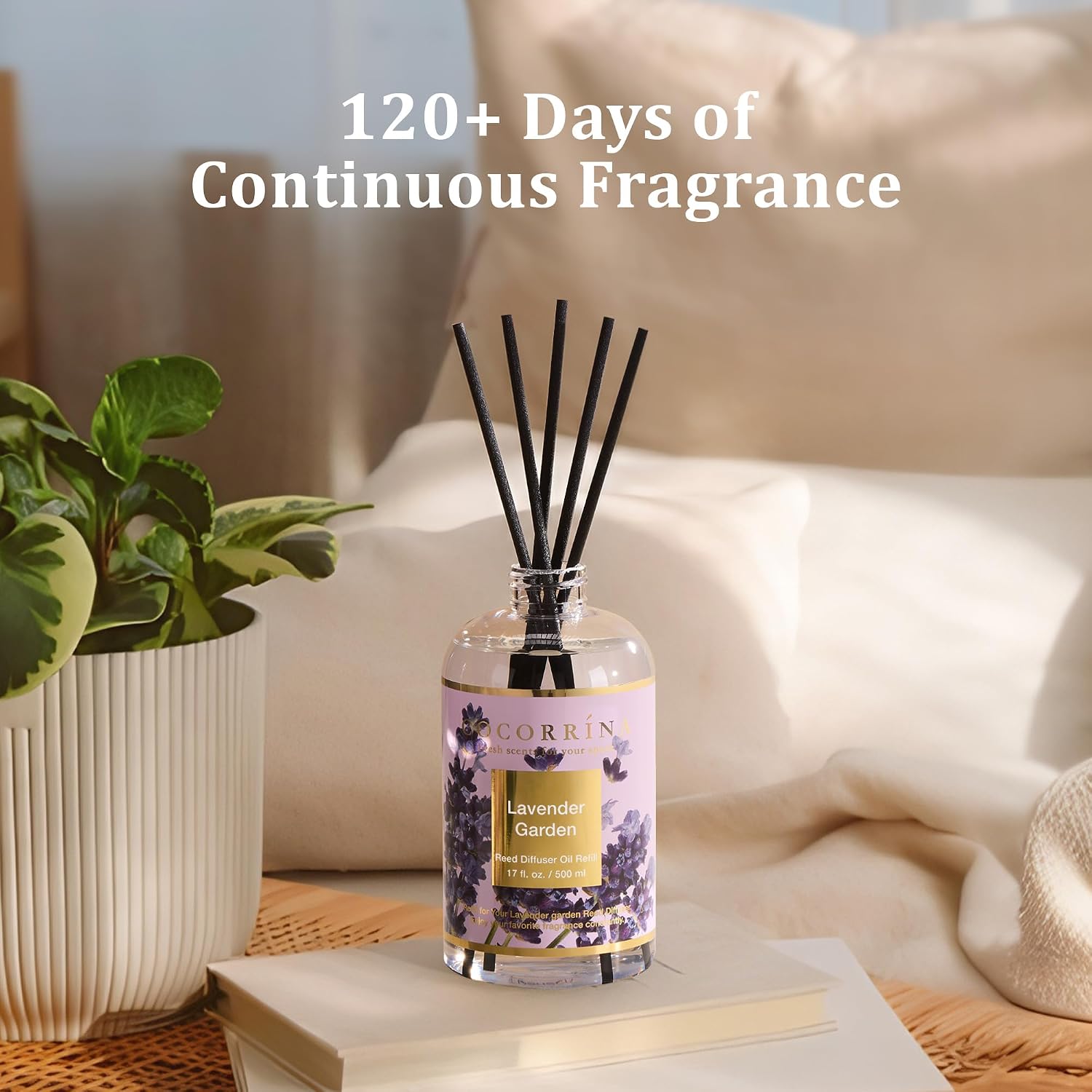 Cocorrína Reed Diffuser Refill Lavender Garden 17oz (500ml) with 8 Rattan Sticks - Premium Long-Lasting Scented Oil, Home Fragrance for Bedroom, Bathroom Home Decor