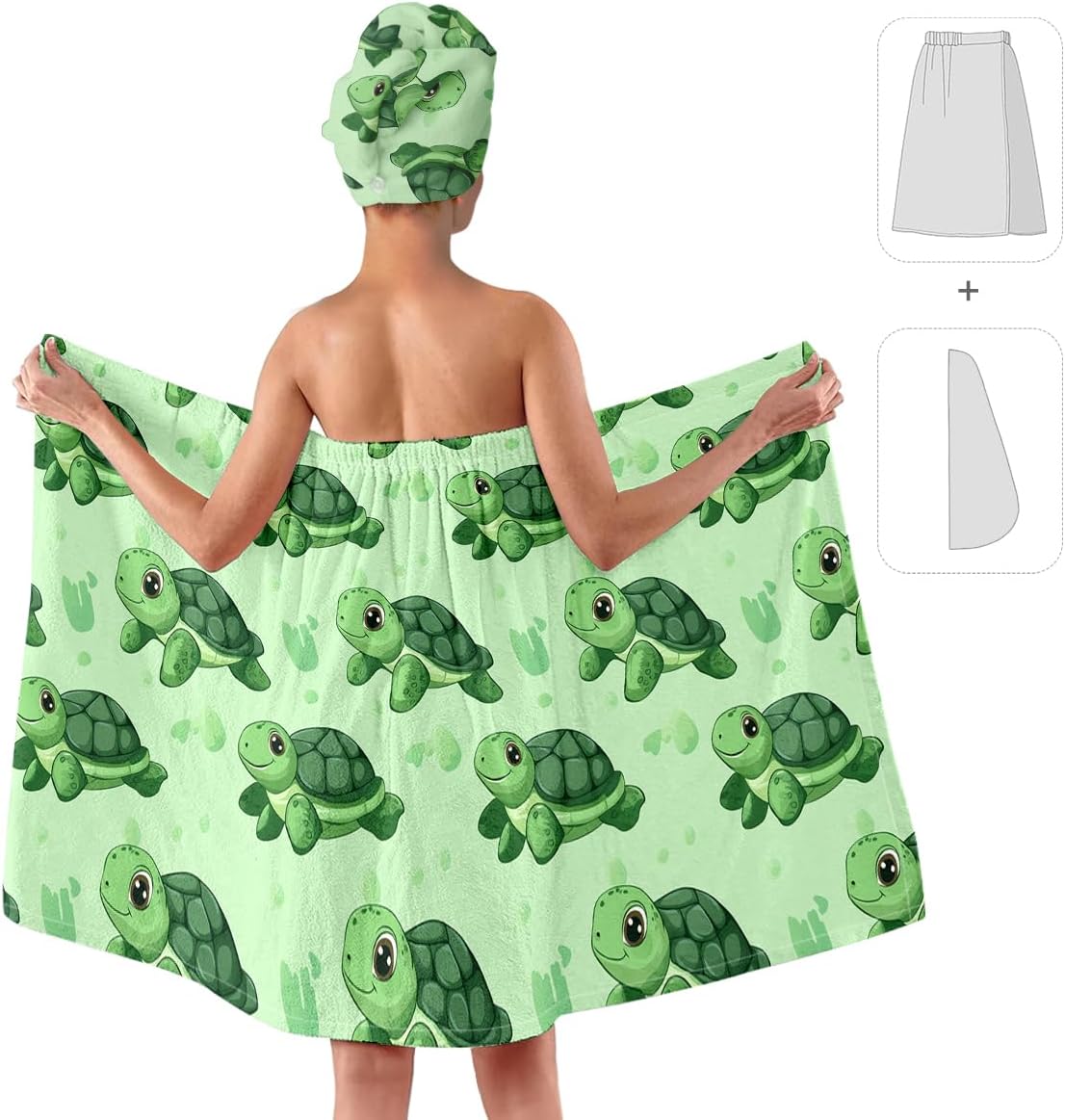 Turtle Bath Wrap Set with Hair Turban, Spa Towel Wrap with Matching Head Wrap, Spa Towel Wrap, Towel Robe for Women (Green)