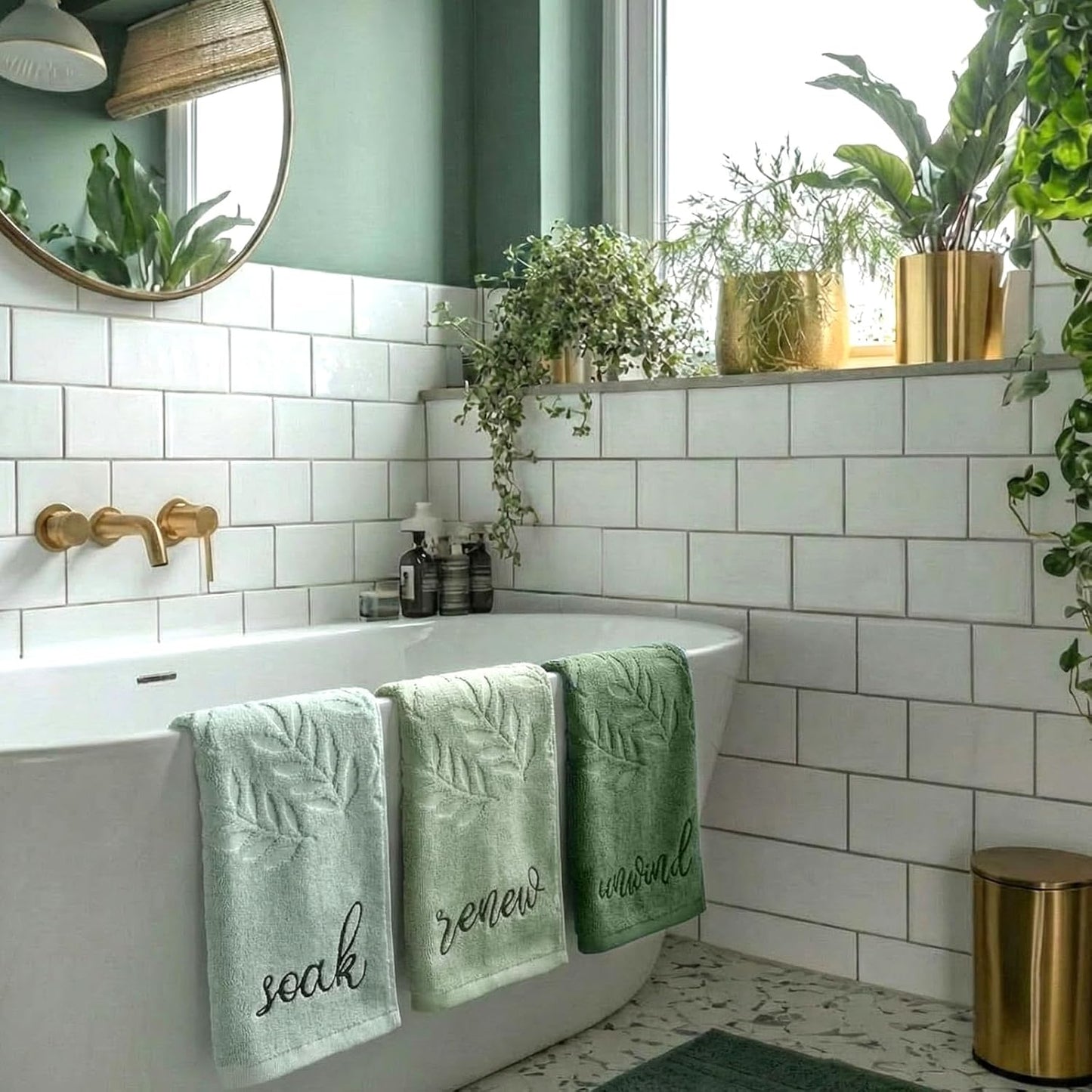 Moukeren 3 Pcs Sage Green Hand Towels for Bathroom 100% Cotton Jacquard Embroidered Leaves Soak Unwind Bath Towels Bathroom Spa Kitchen Dishcloth Gift Set Farmhouse Decorations