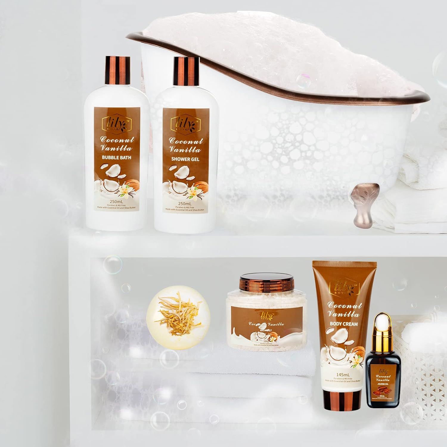 Coconut Vanilla Spa Gifts Bath Kit, 7Pcs Moisturizing Gift Set for Women Men