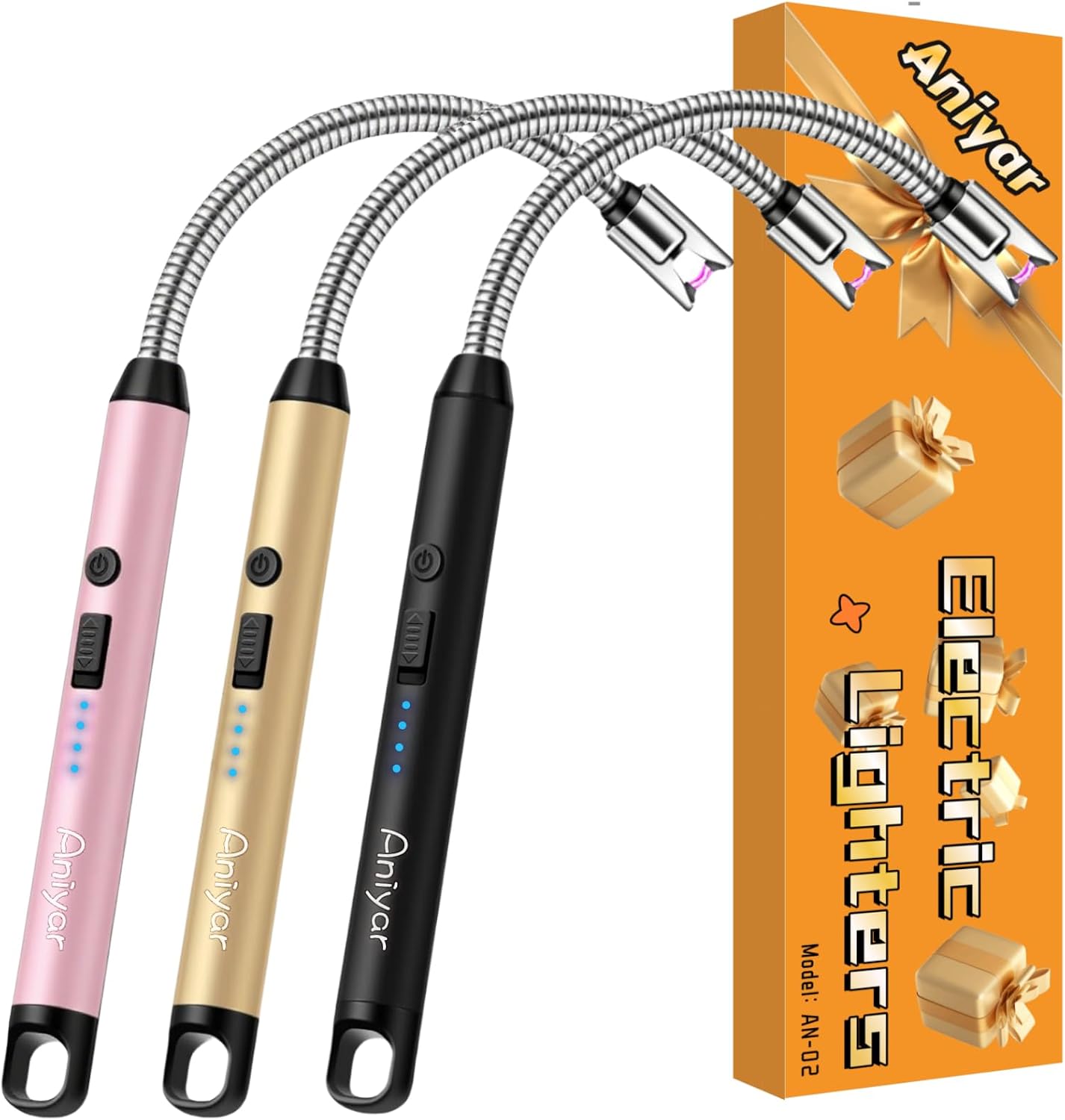 3 Pack Electric Lighter with 360° Flexible Neck & LED Display, Birthday Gifts for Women Mom Men Wife, Rechargeable USB Arc Long Candle Lighters for Candle Camping BBQ