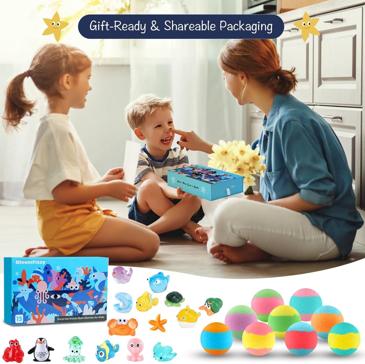 Sea Surprise Bath Bombs for Kids, 15 Pack Organic Fizzy Bath Bombs Gift Set with Hidden Ocean Toys, Gentle & Scented, Kid-Safe & Fun Bath Time, Ideal Christmas Gift & Stocking Stuffer for Kids