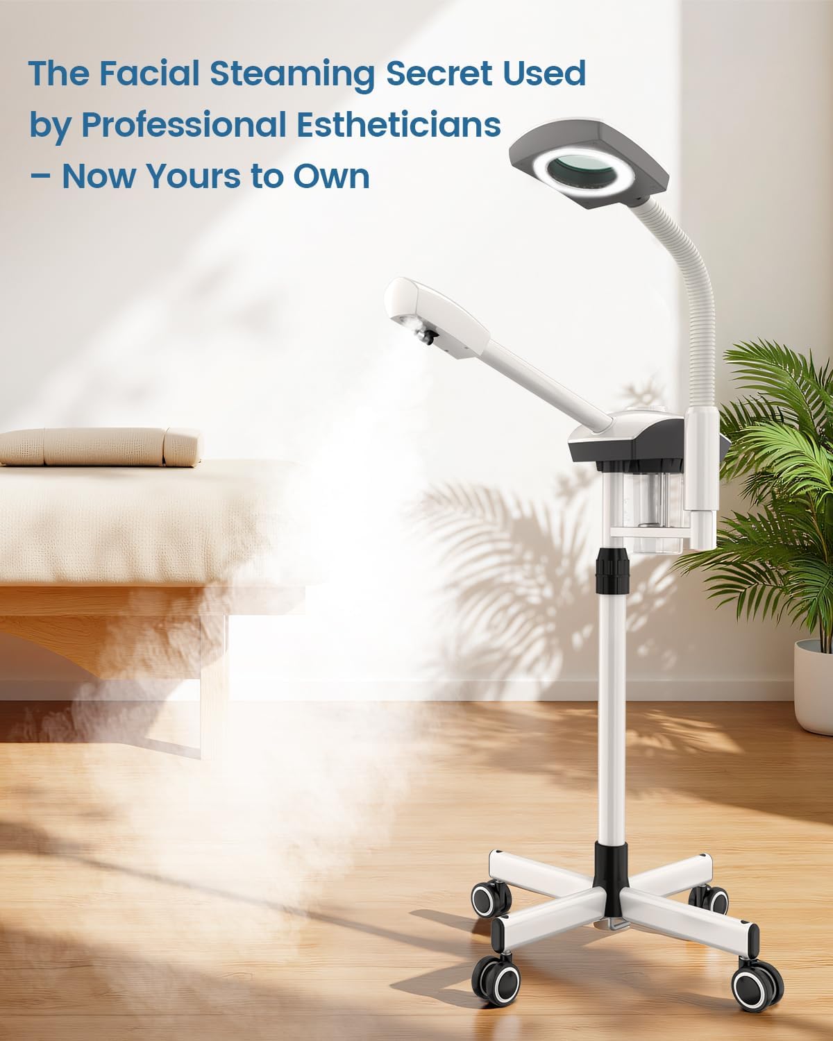 Professional 2-in-1 Facial Steamer with 5X Magnifying Lamp, Salon Grade Hot Mist Esthetician Device, Adjustable Timer, 2 Steam Levels, 3-Level LED Light, White