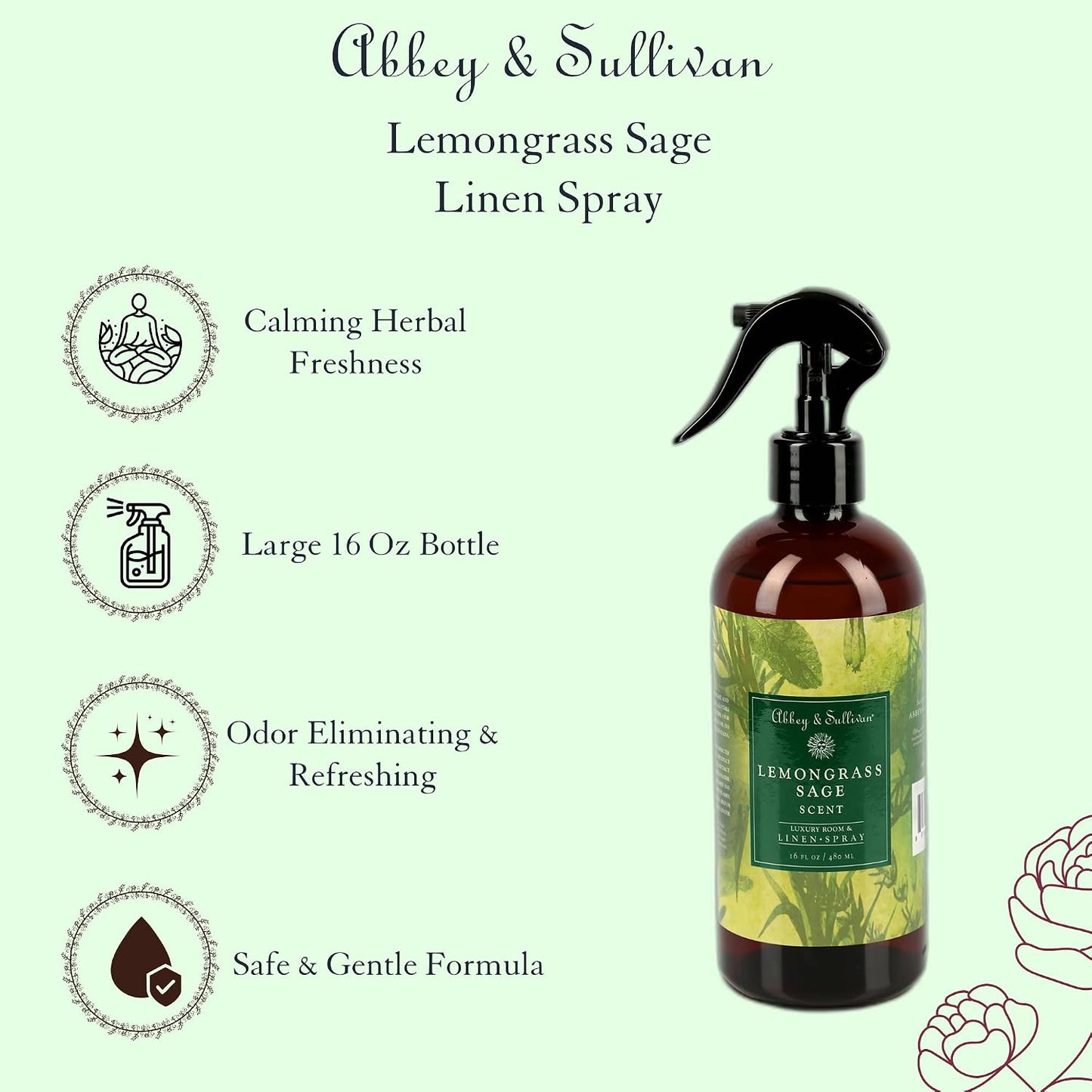 Abbey & Sullivan Linen Spray, Lemongrass Sage, Fabric Freshener and Fragrance Room Spray, Pack of 2, 16 oz