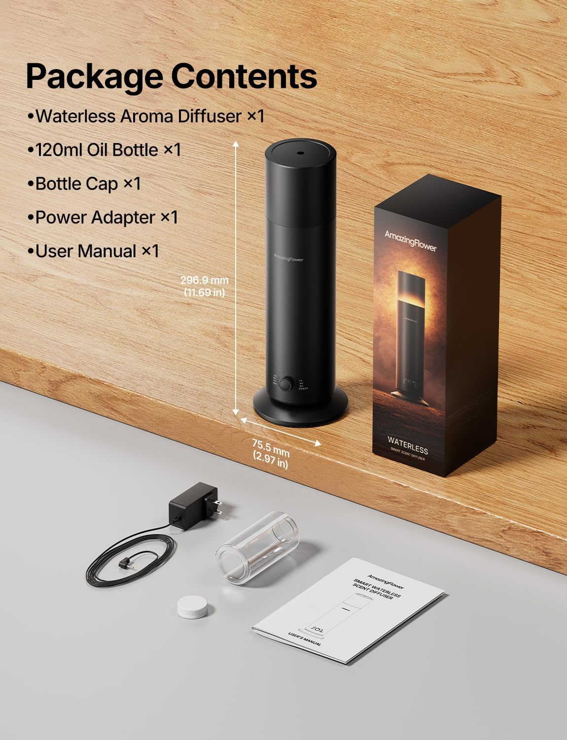 Waterless Essential Oil Diffuser, Smart Scent Diffuser with Nightlight, Smart Schedules, Up to 1100 sq ft, App Control Cold Air Scent Diffuser Oil Machine for Home Large Room and Commercial Use, Black