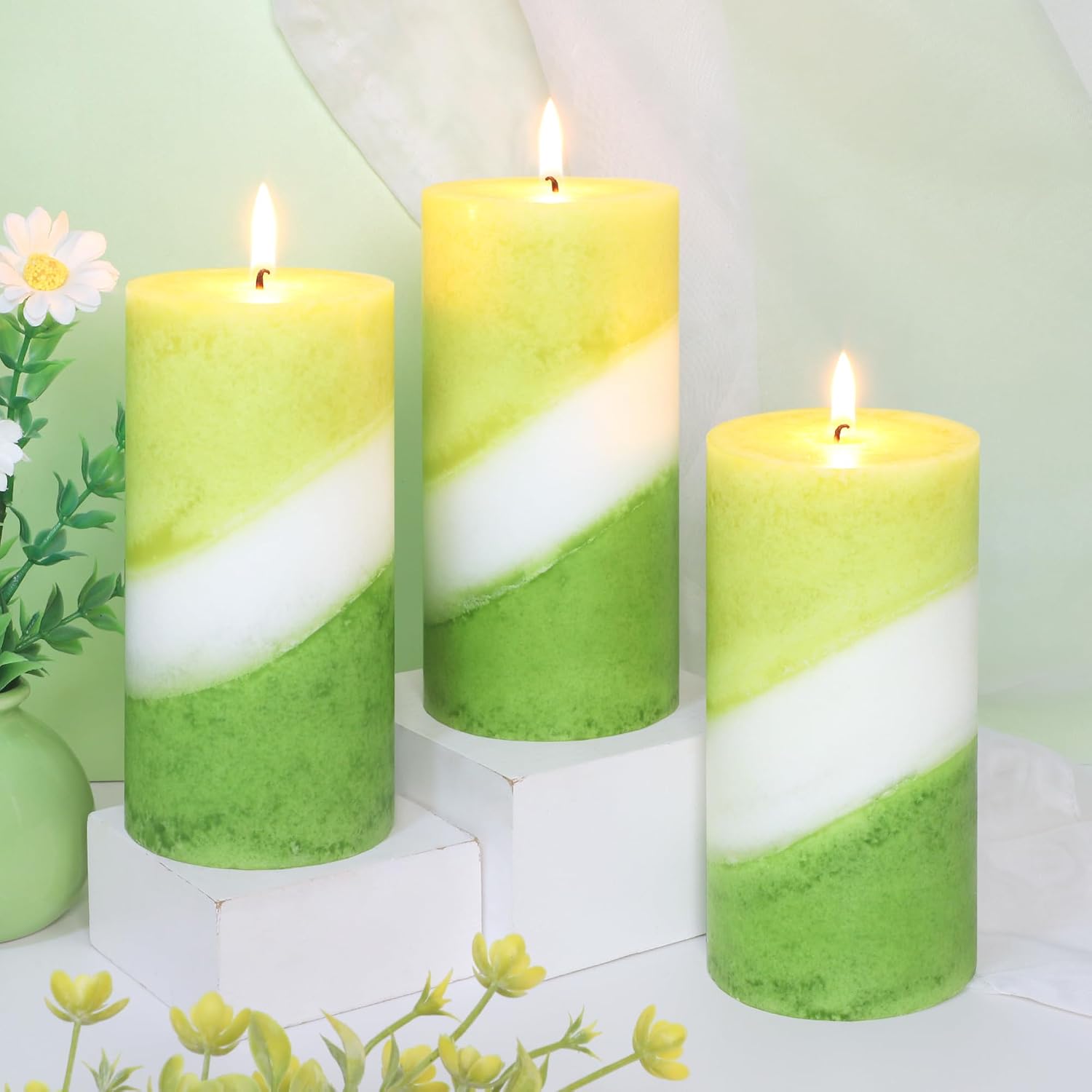 Eucalyptus Mint Scented Pillar Candles, 3x6 Inch Green and White Striped 100% Cotton Core Paraffin Wax Candles for Home Room Shelf Decor Idea, Set of 3