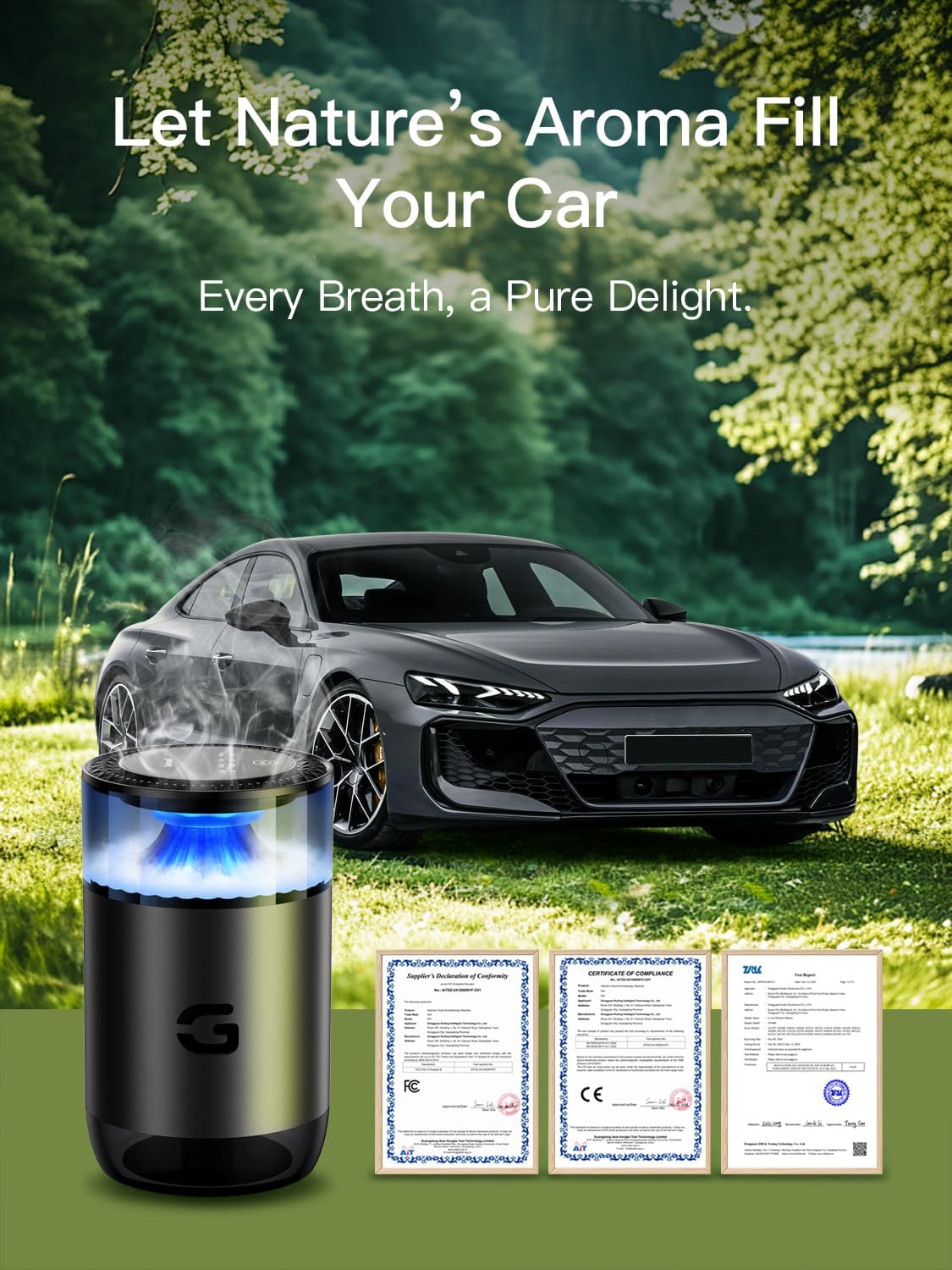 Smart Car Air Freshener Diffuser, Waterless Essential Oil Diffuser with 4 Modes, 4 Scent Refills, Auto On/Off, USB - C Rechargeable Wireless, Ambient Light for Home/Car Use (5502-Black)