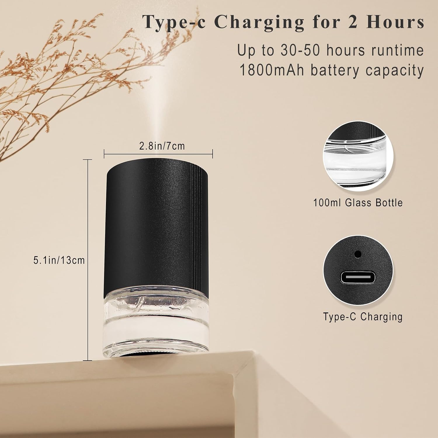 Essential Oil Diffuser, Waterless Scent Diffusers for Home, 100ml Capacity Atomizing Humidifier, Rechargeable Air Freshener Machine with 7-Color Ambient Light for Bathroom Car Office (Black)
