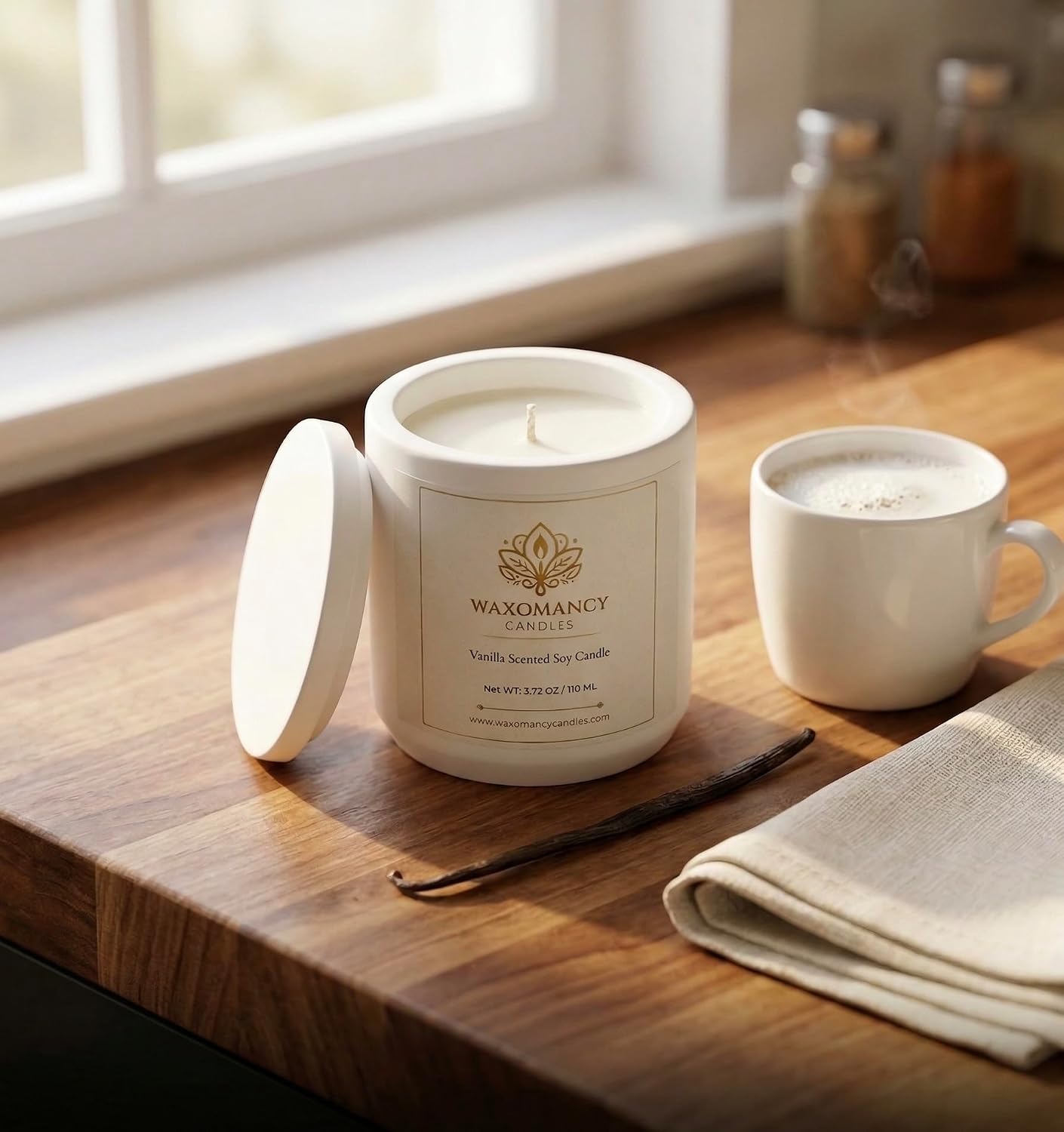 Vanilla Scented Soy Candle – 3.72 oz Hand-Poured Natural Candle in White Stone Jar with Lid – 100% Soy Wax – Home Décor, Relaxation & Gift
