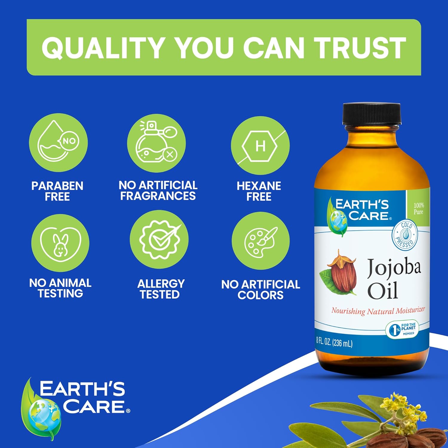 Earth’s Care Jojoba Oil - 100% Pure Jojoba Oil for Hair, Skin and Nails - Cold Pressed - Nourishing Natural Moisturizer - 8 FL OZ