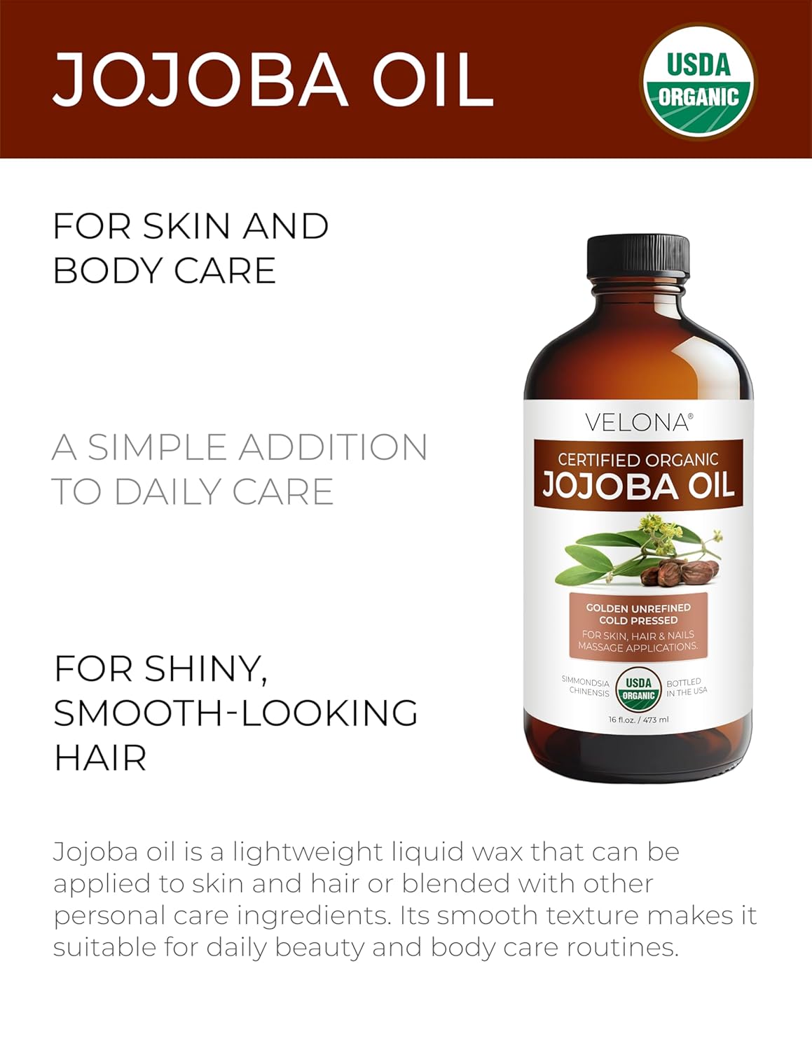velona Jojoba Oil USDA Certified Organic - 16 Fl Oz in Glass Bottle | 100% Pure and Natural | Golden, Unrefined, Cold Pressed, Hexane Free | Moisturizing Face, Hair, Body, Skin Care
