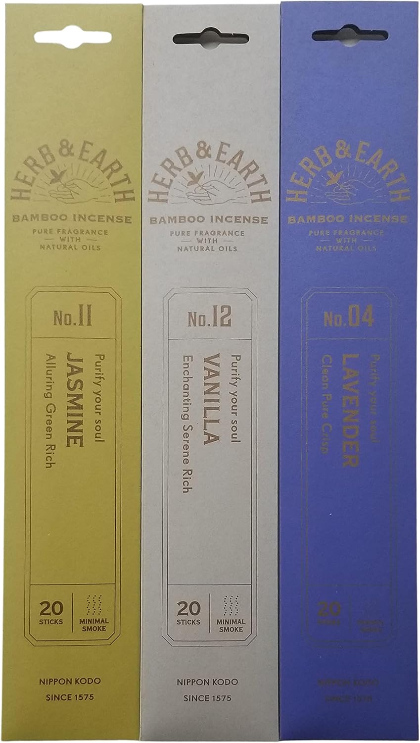 Nippon Kodo Herb & Earth Bamboo Incense Combo Set (Jasmine, Lavender, Vanilla) 20 Incense Sticks Each Scent
