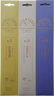 Nippon Kodo Herb & Earth Bamboo Incense Combo Set (Jasmine, Lavender, Vanilla) 20 Incense Sticks Each Scent