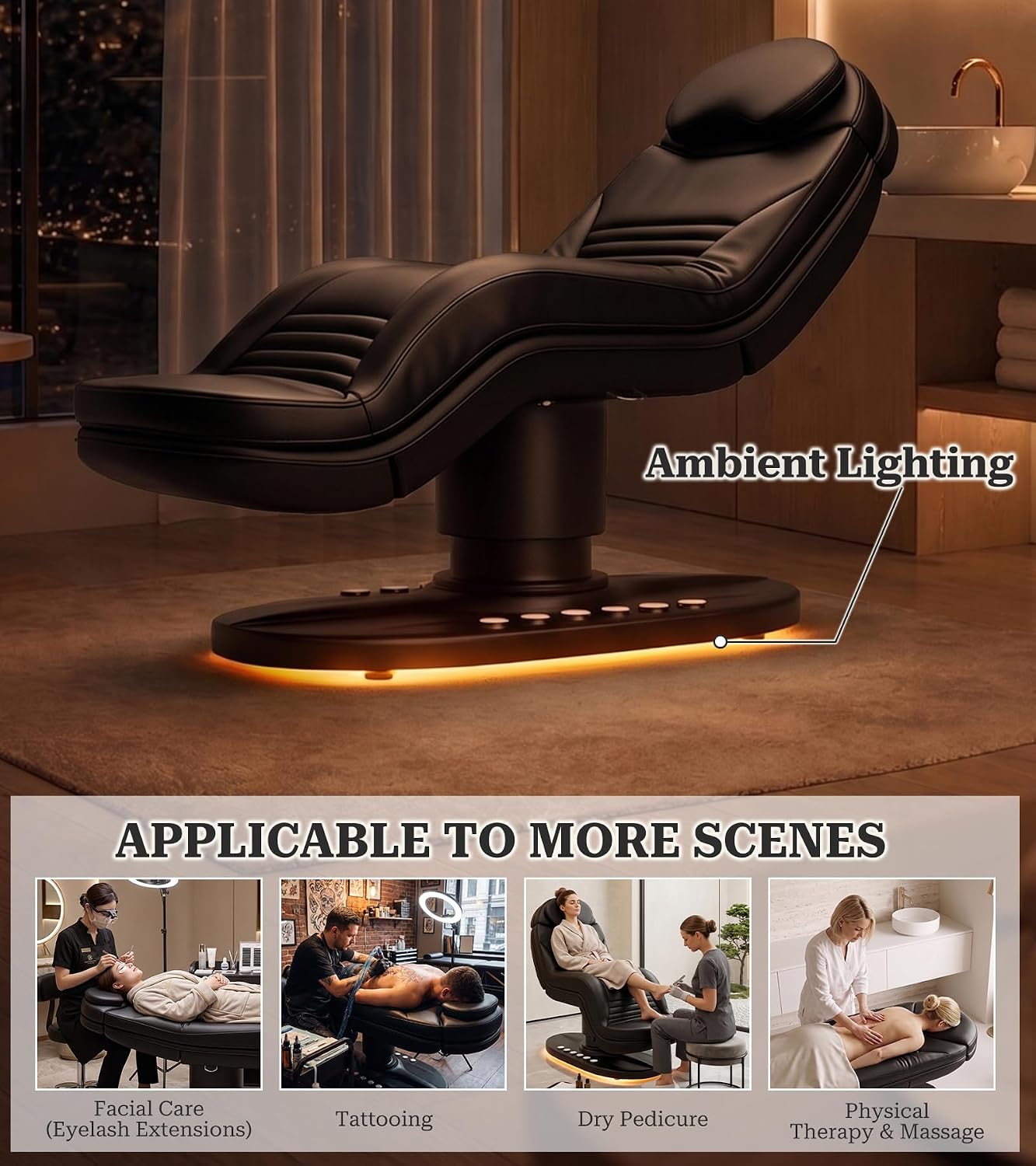 VARONXE Fully Electric Massage Table Esthetician Bed, Adjustable Spa Facial Bed Lash Chair with Light, Ergonomic Medical Exam Table for Beauty Treatment Tattooing Waxing, Black Stool
