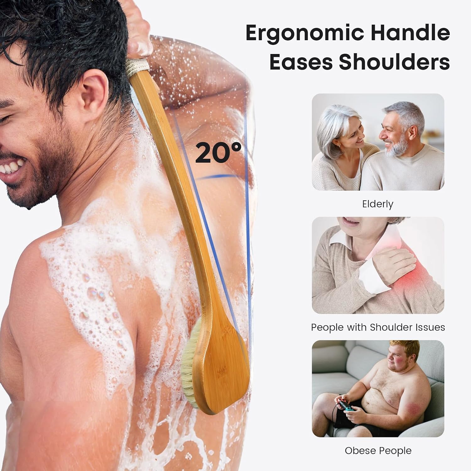 eaxun Bamboo Back Scrubber with Curved Long Handle, 17.3 Inches Exfoliating Shower Brush with Stiff Bristles for Men and Women, Back Washer Body Exfoliator for Bath or Dry Brushing