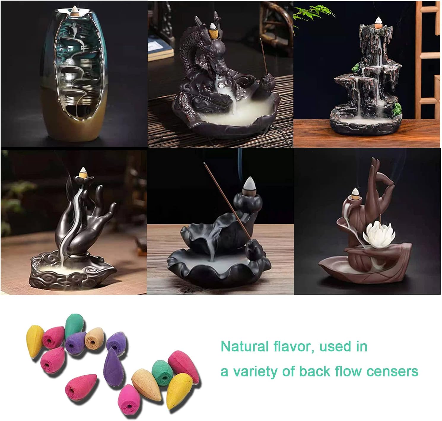 450 Pcs Backflow Incense Cones - Waterfall Incense Cone, 9 Natural Plant Fragrances, Burner Holder