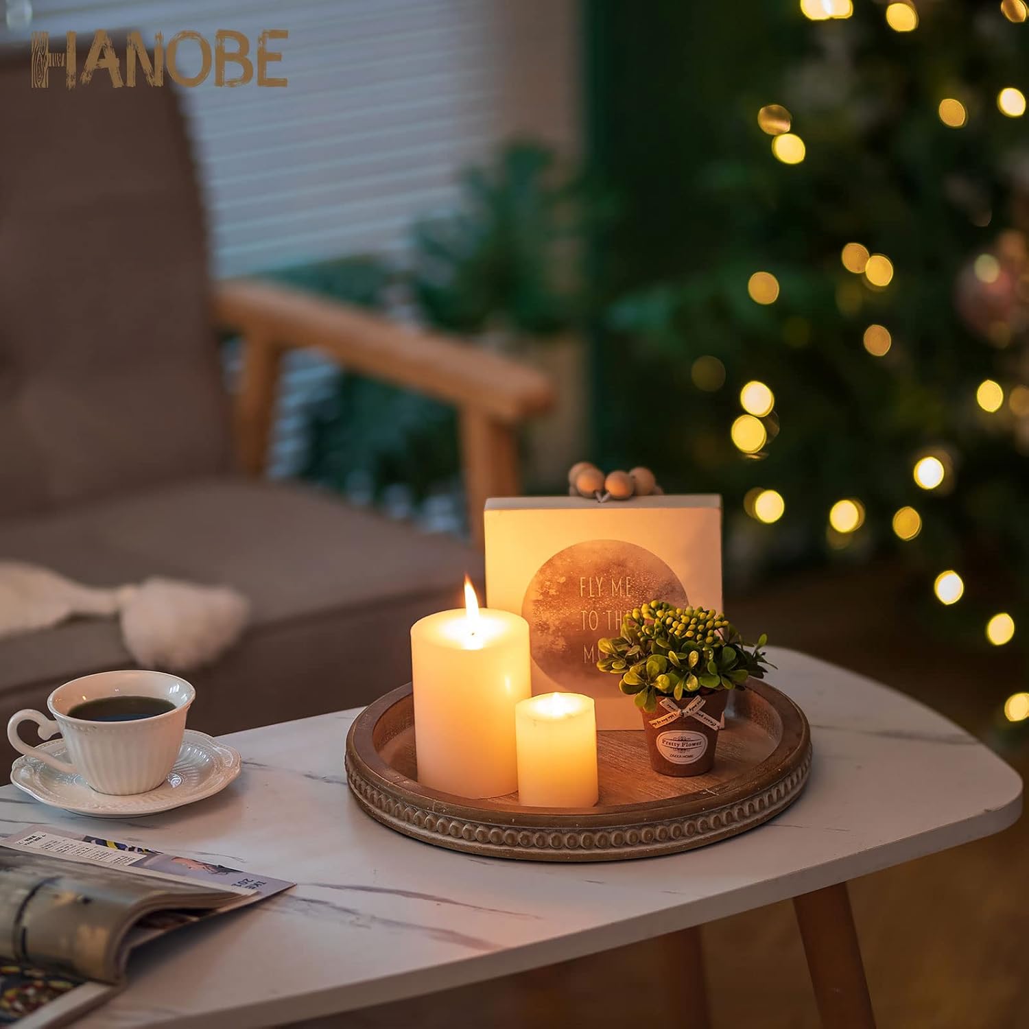 Hanobe Candle Tray Holder Decorative: Round Coffee Table Home Decor Centerpiece Boho Serving Trays for Living Room Kitchen