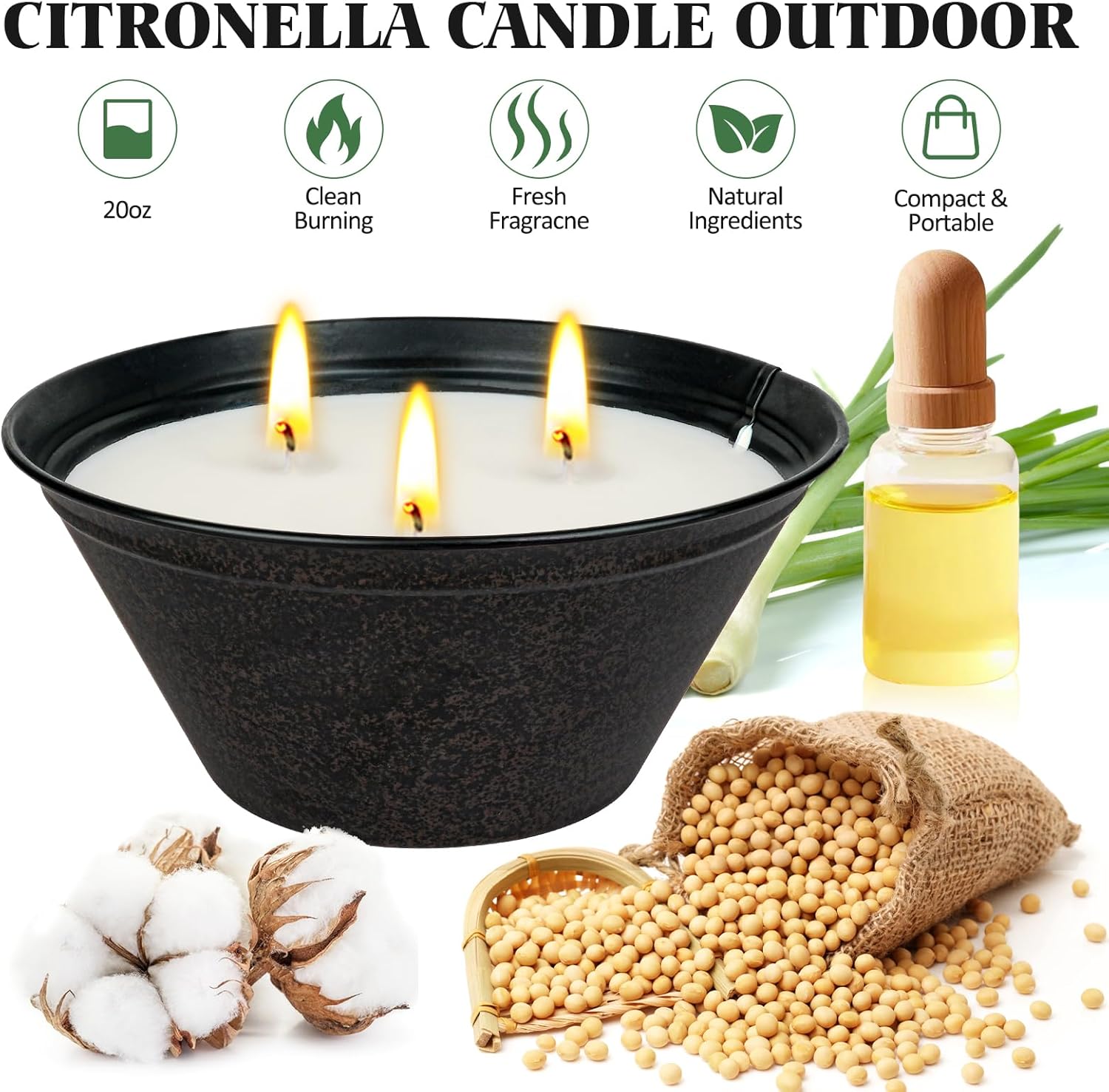 Citronella Candles Outdoor Large 23oz 3-Wick Natural Citronella Lemongrass Soy Wax Bucket Candle Up to 100 Hours Outdoor Candles for Patio,Yard,Fishing,Home Decor,Backyard in Summer