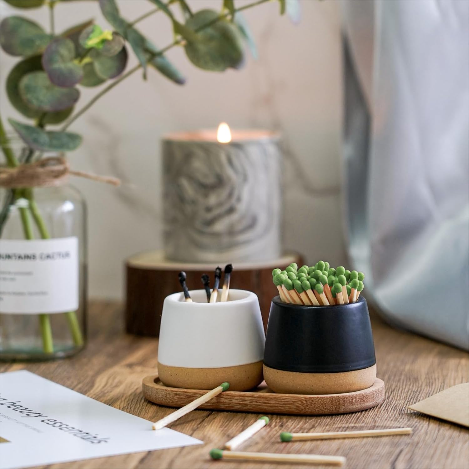 FreeJac Set of 2 Ceramic Match Holder with Striker - Match Container With Wooden Tray Matchstick Holder for Kitchen Bathroom Candle Parlor Modern Home Decor - MATCHES NOT INCLUDED
