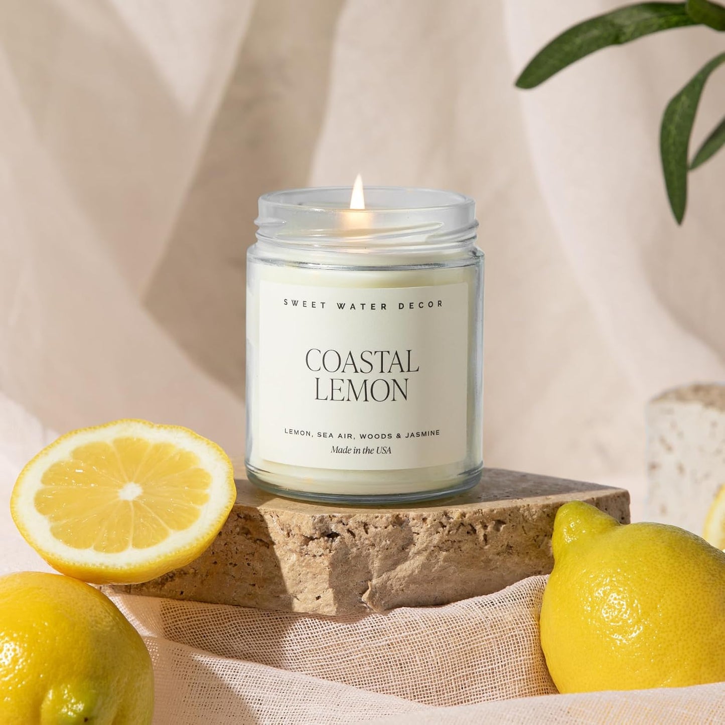 Sweet Water Decor Coastal Lemon Scented Candles - Soy Candles with Lemon, Sea Salt, & Driftwood for Home Decor - Candle Wax with 40 Hours Burn Time - 9oz Gold Lid Clear Jar Candles for Home Scented