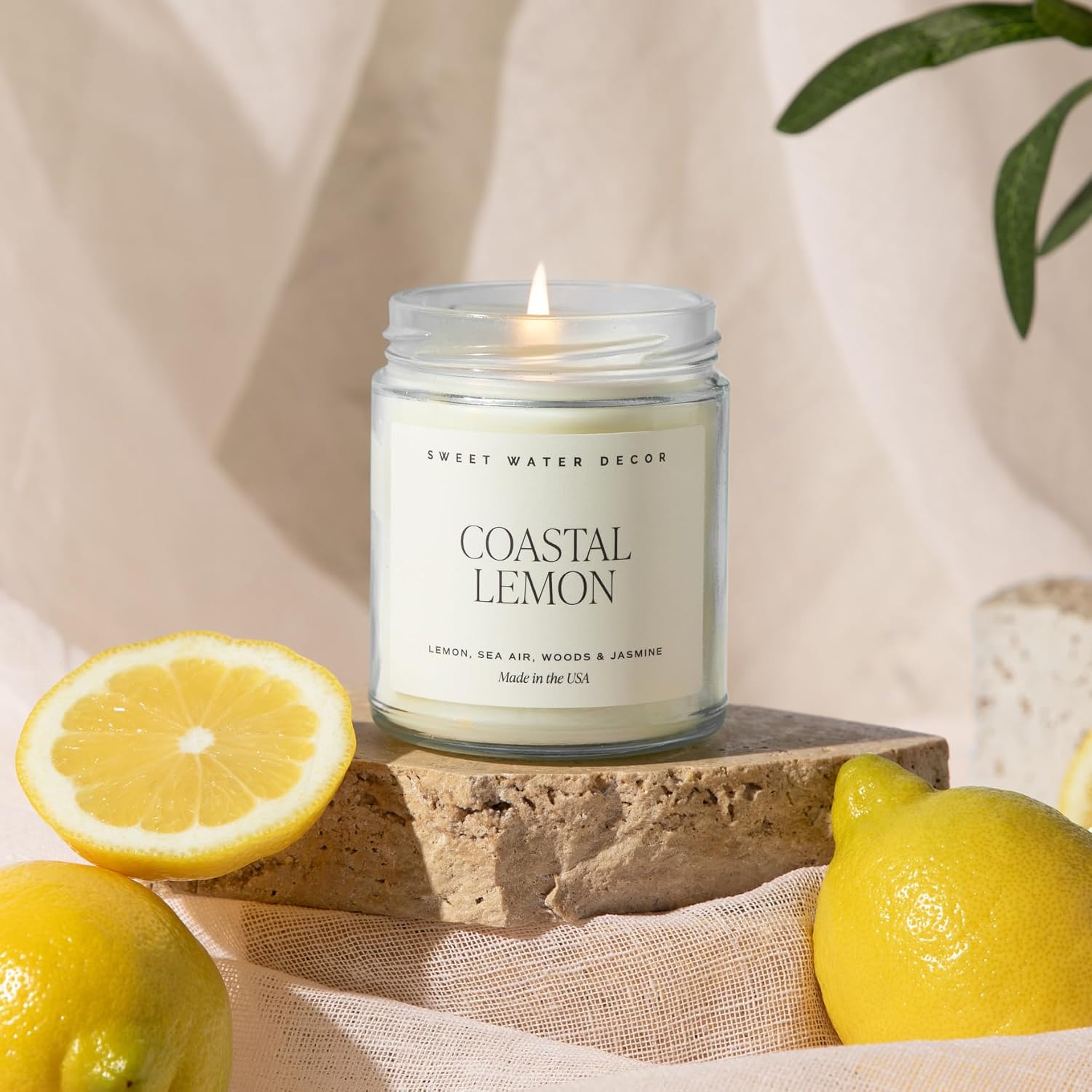 Sweet Water Decor Coastal Lemon Scented Candles - Soy Candles with Lemon, Sea Salt, & Driftwood for Home Decor - Candle Wax with 40 Hours Burn Time - 9oz Gold Lid Clear Jar Candles for Home Scented